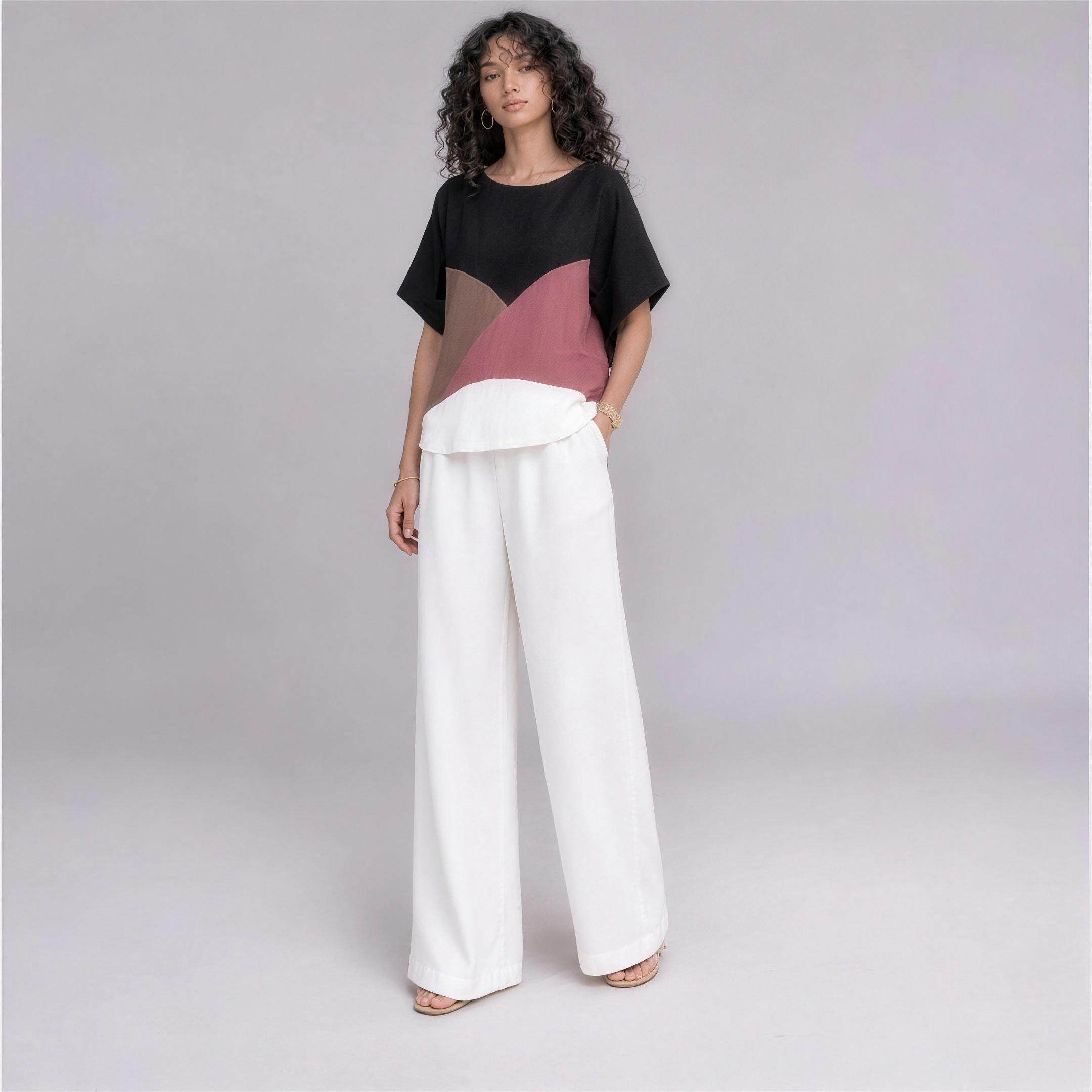 Linen Wave Colour-Block Top in Nightfall, Ratń Swamini, alt front view