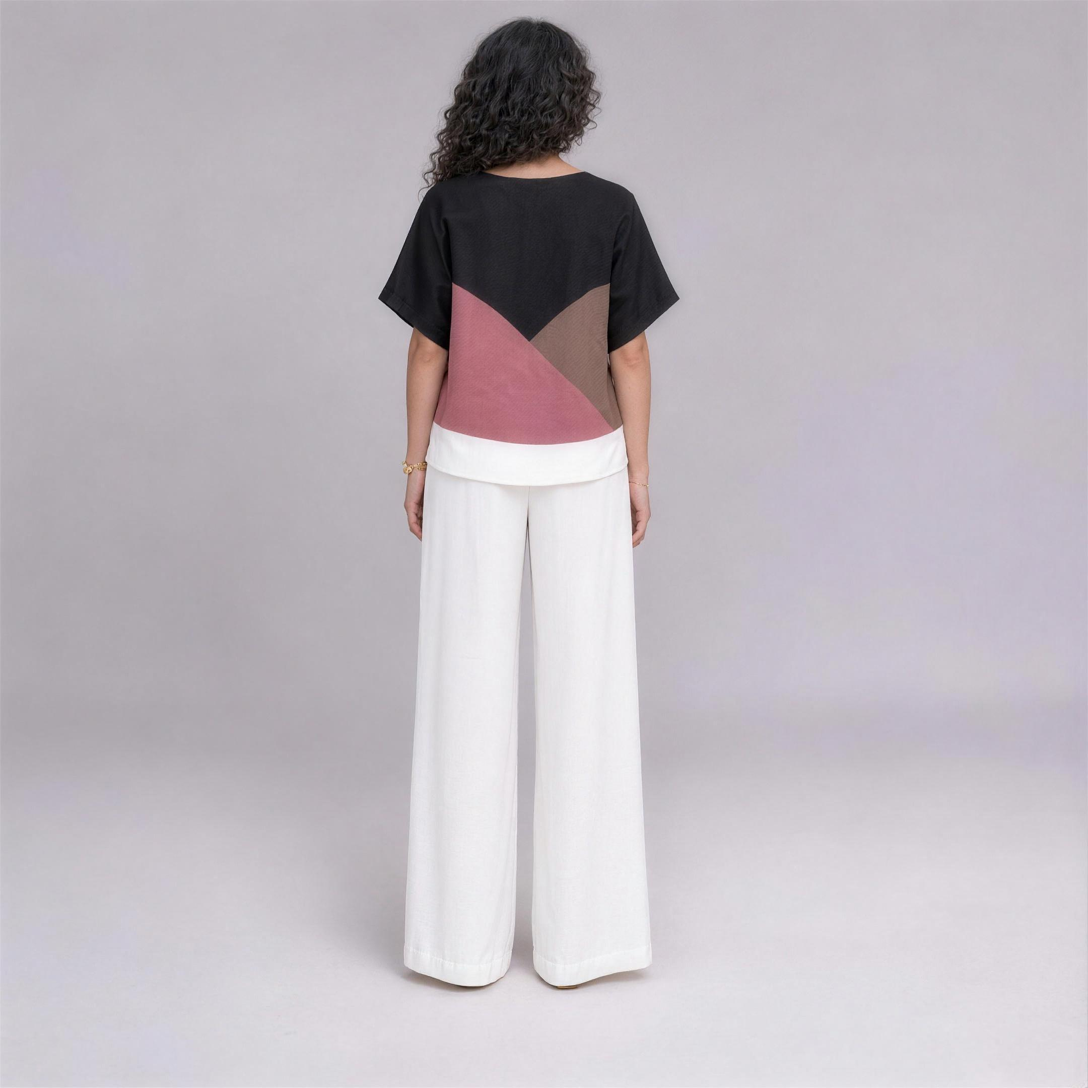 Linen Wave Colour-Block Top in Nightfall, Ratń Swamini, back view