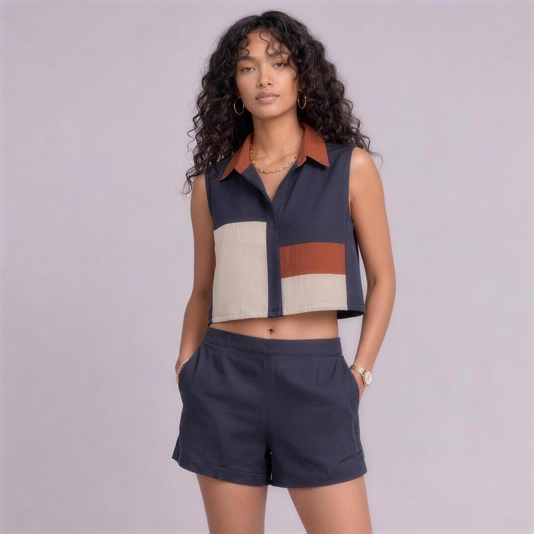 Linen Colour-Block Cropped Top & Shorts Co-ord Set in Regatta, Ratń Swamini