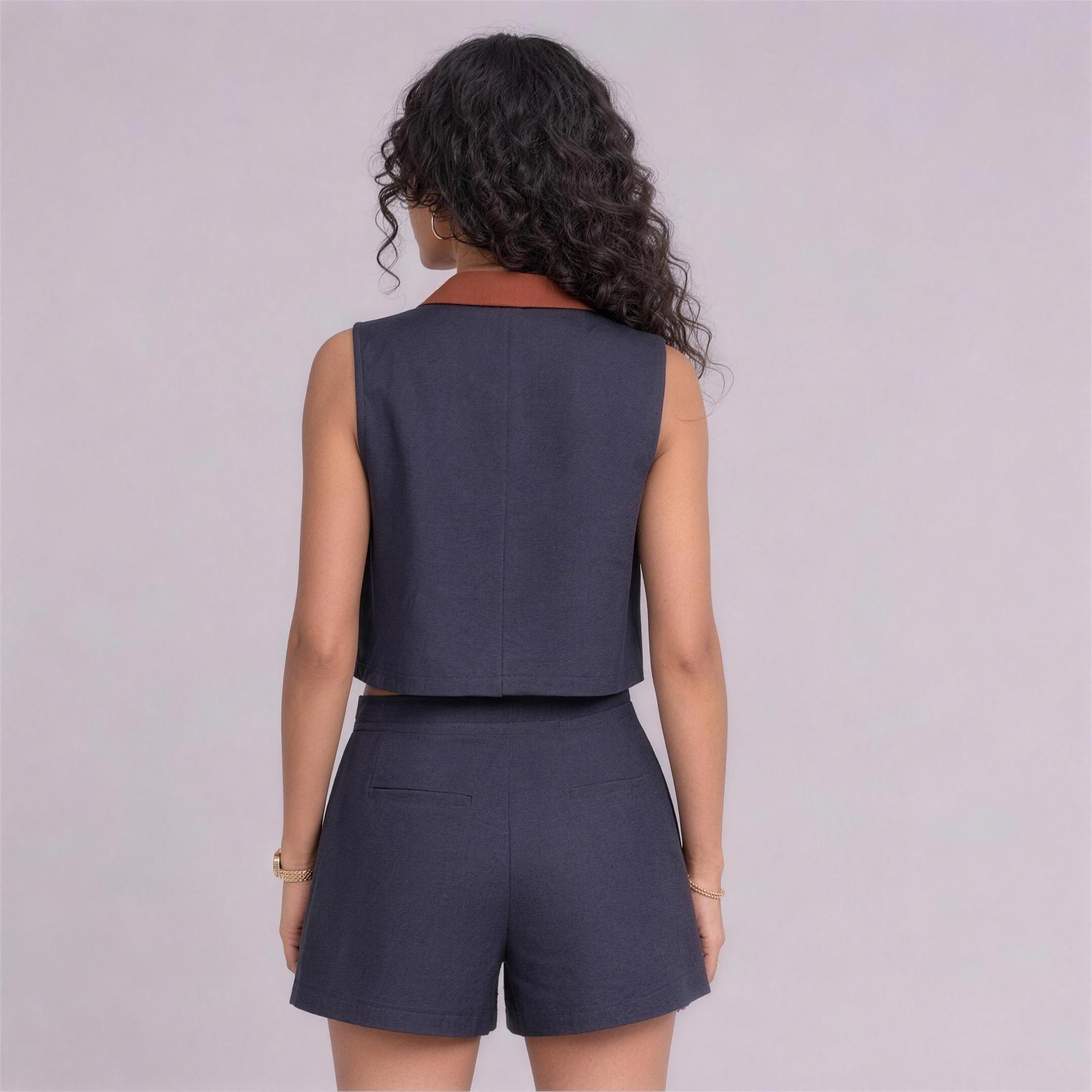 Linen Colour-Block Cropped Top & Shorts Co-ord Set in Regatta, Ratń Swamini, back view