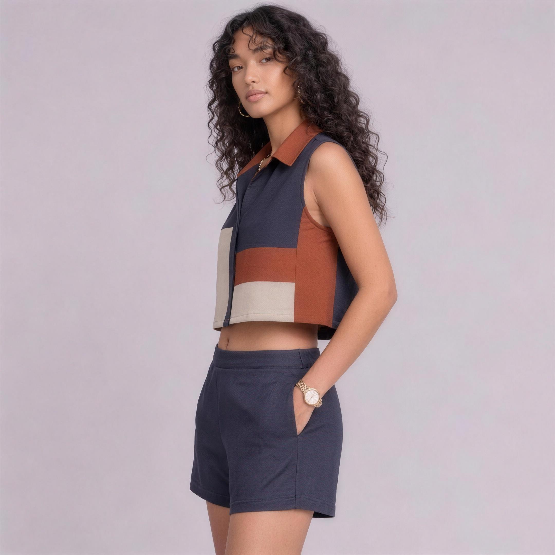 Linen Colour-Block Cropped Top & Shorts Co-ord Set in Regatta, Ratń Swamini, side view
