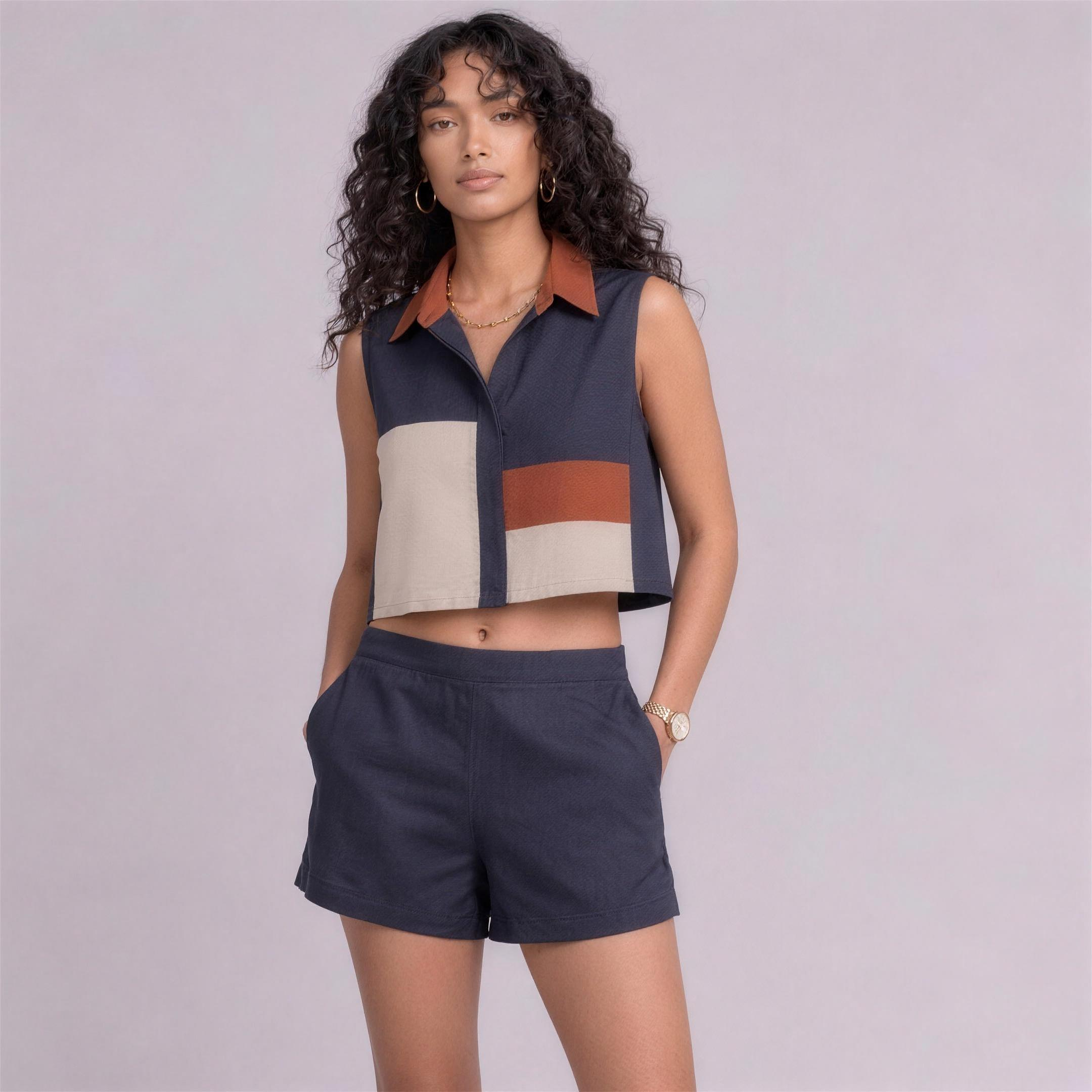 Linen Colour-Block Cropped Top & Shorts Co-ord Set in Regatta, Ratń Swamini, alt front view