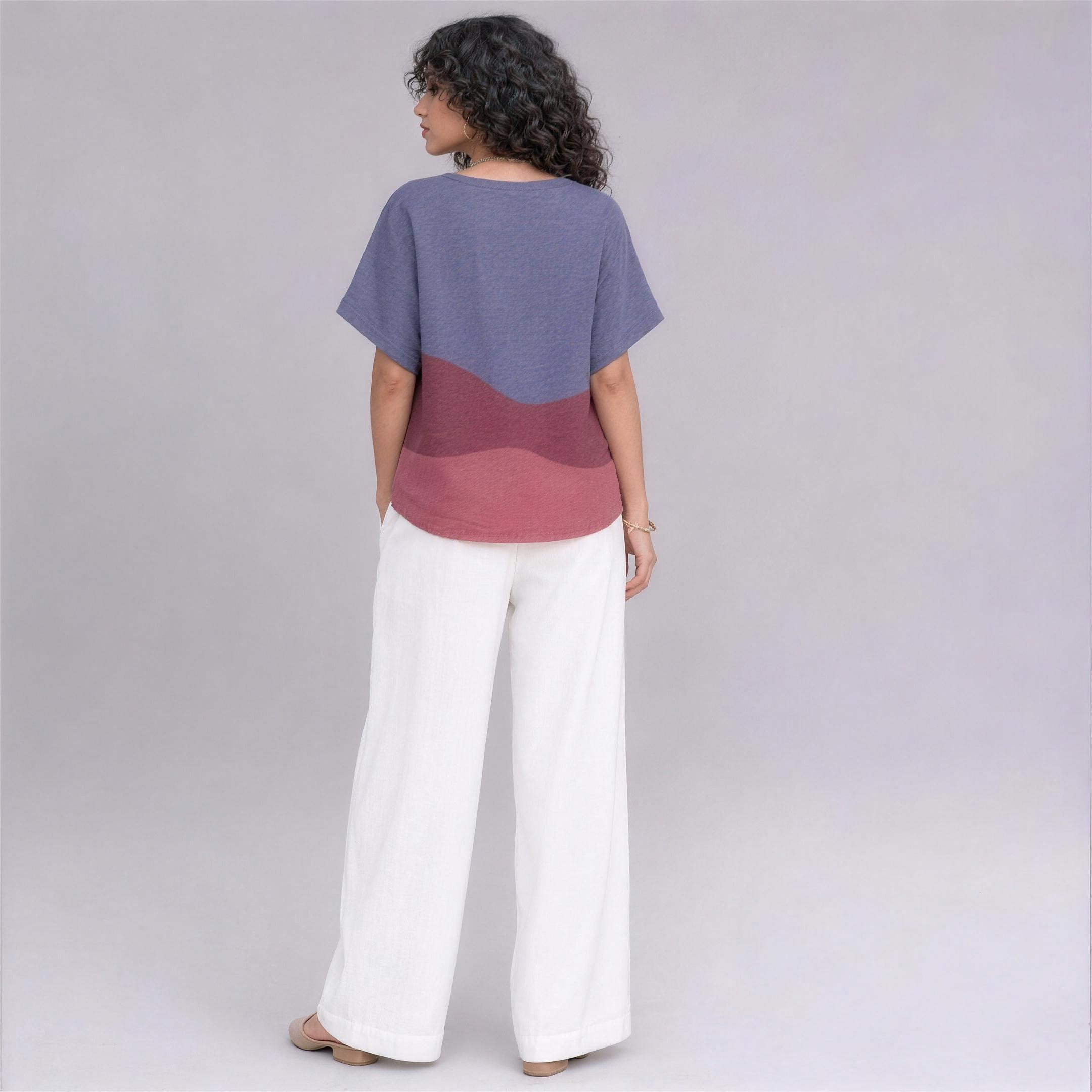 Linen Wave Colour-Block Top in Twilight, Ratń Swamini, back view