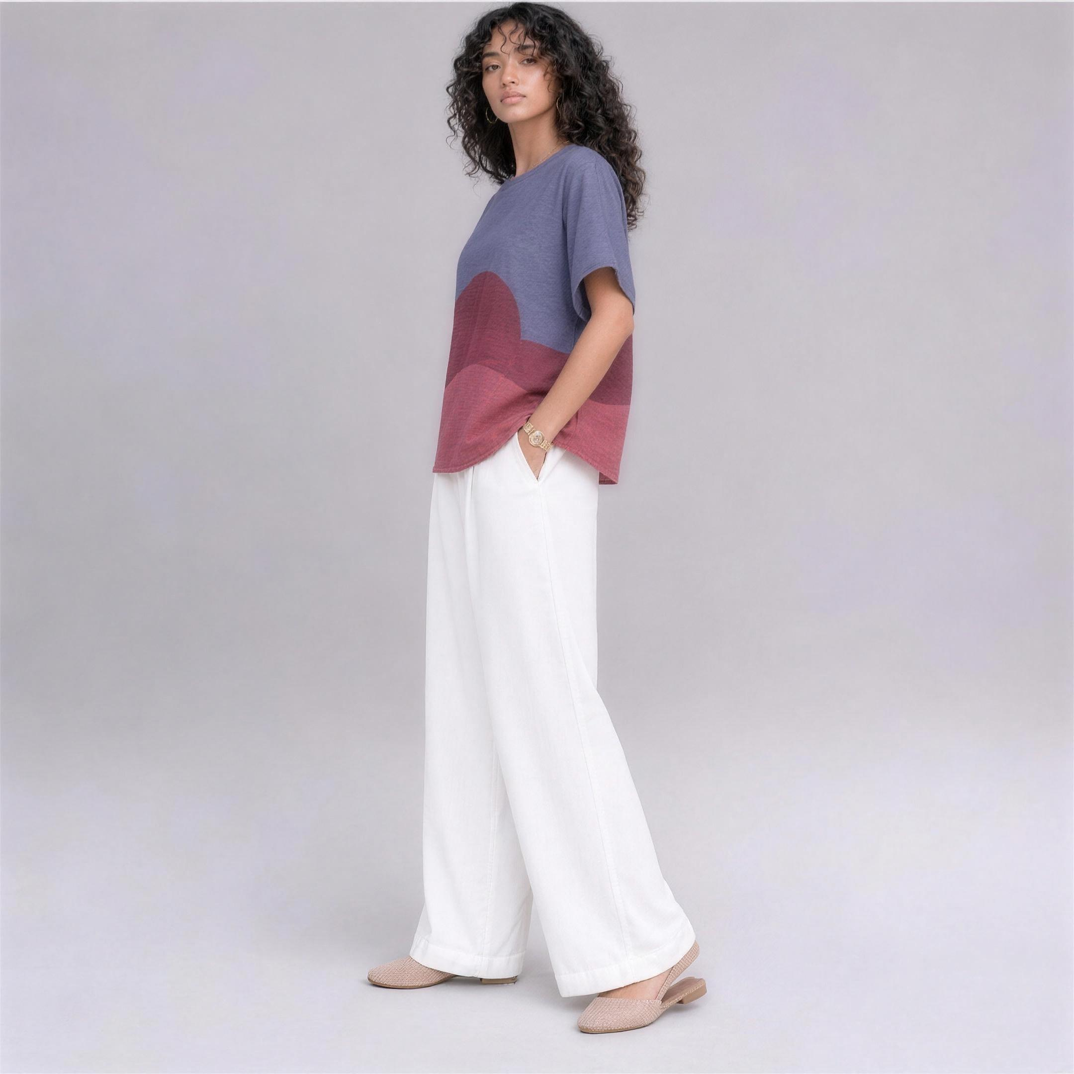 Linen Wave Colour-Block Top in Twilight, Ratń Swamini, side view