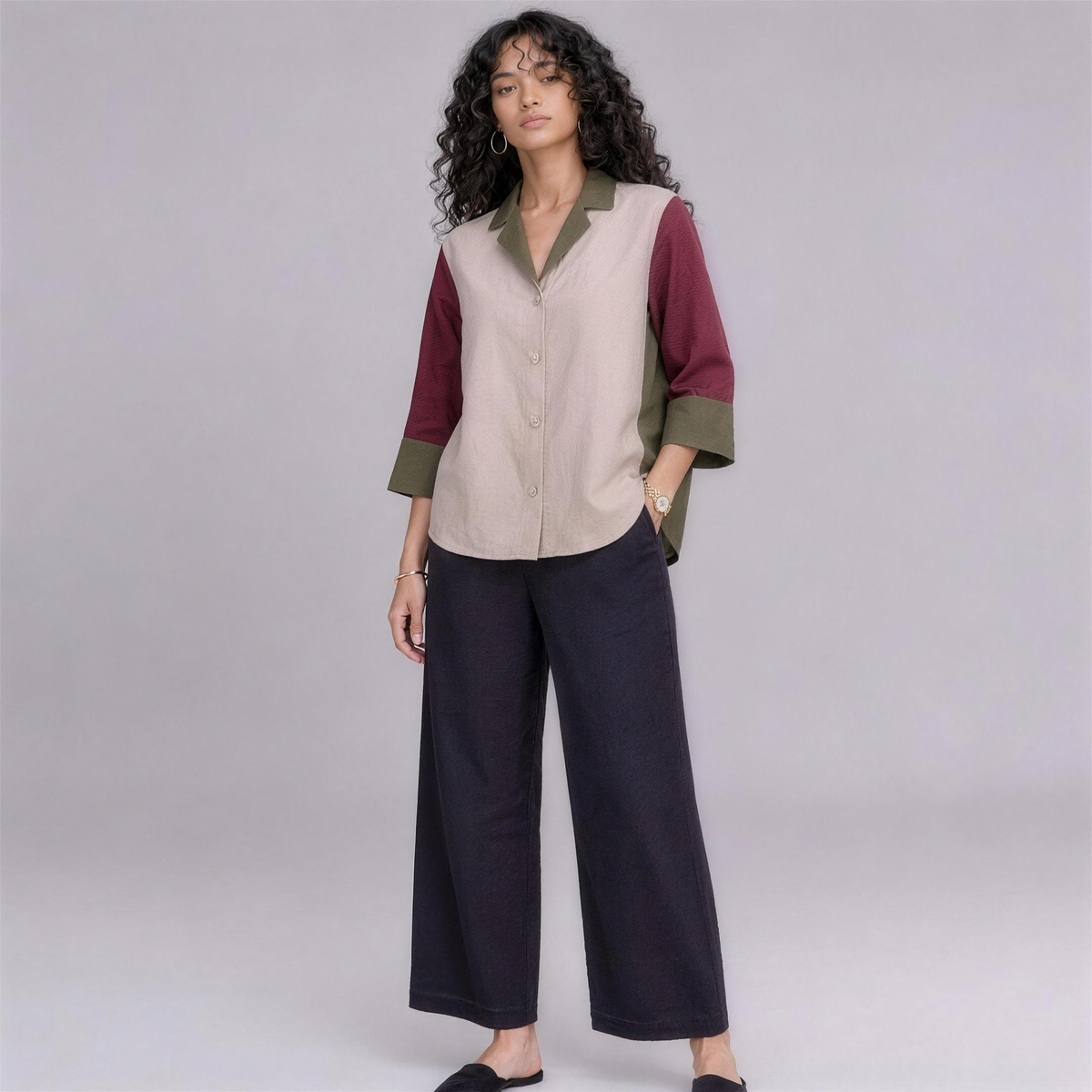 Linen Colour-Block Shirt in Vineyard, Ratń Swamini