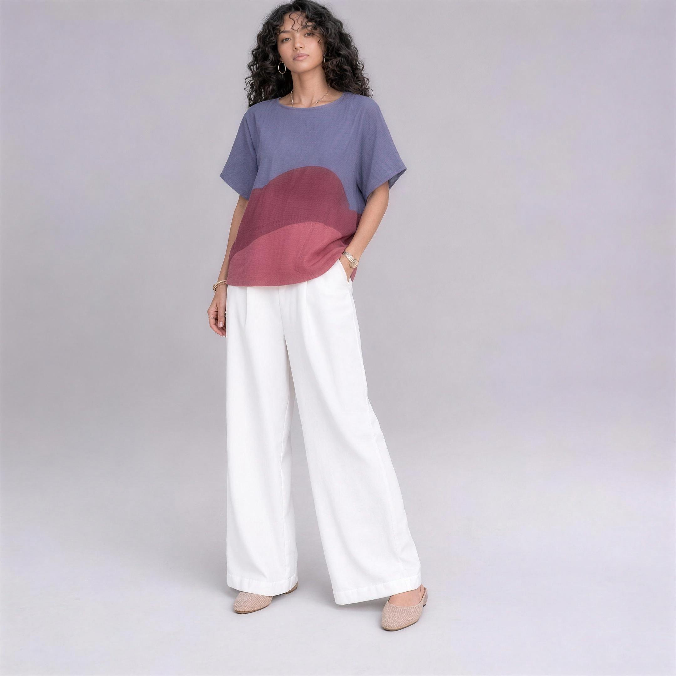Linen Wave Colour-Block Top in Twilight, Ratń Swamini, alt front view