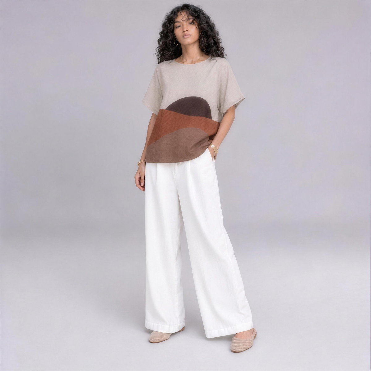 Linen Wave Colour-Block Top in Sahara, Ratń Swamini