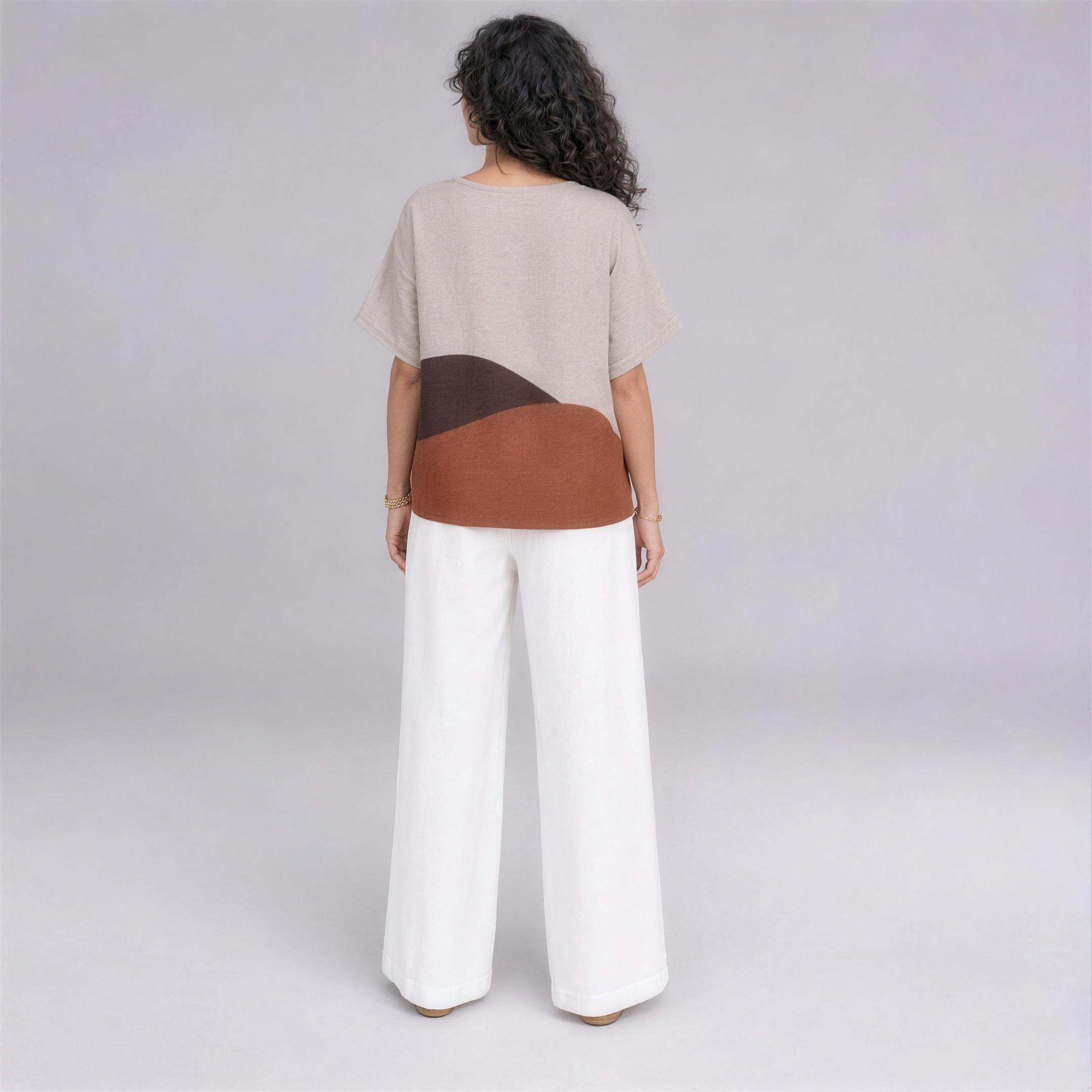 Linen Wave Colour-Block Top in Sahara, Ratń Swamini, back view