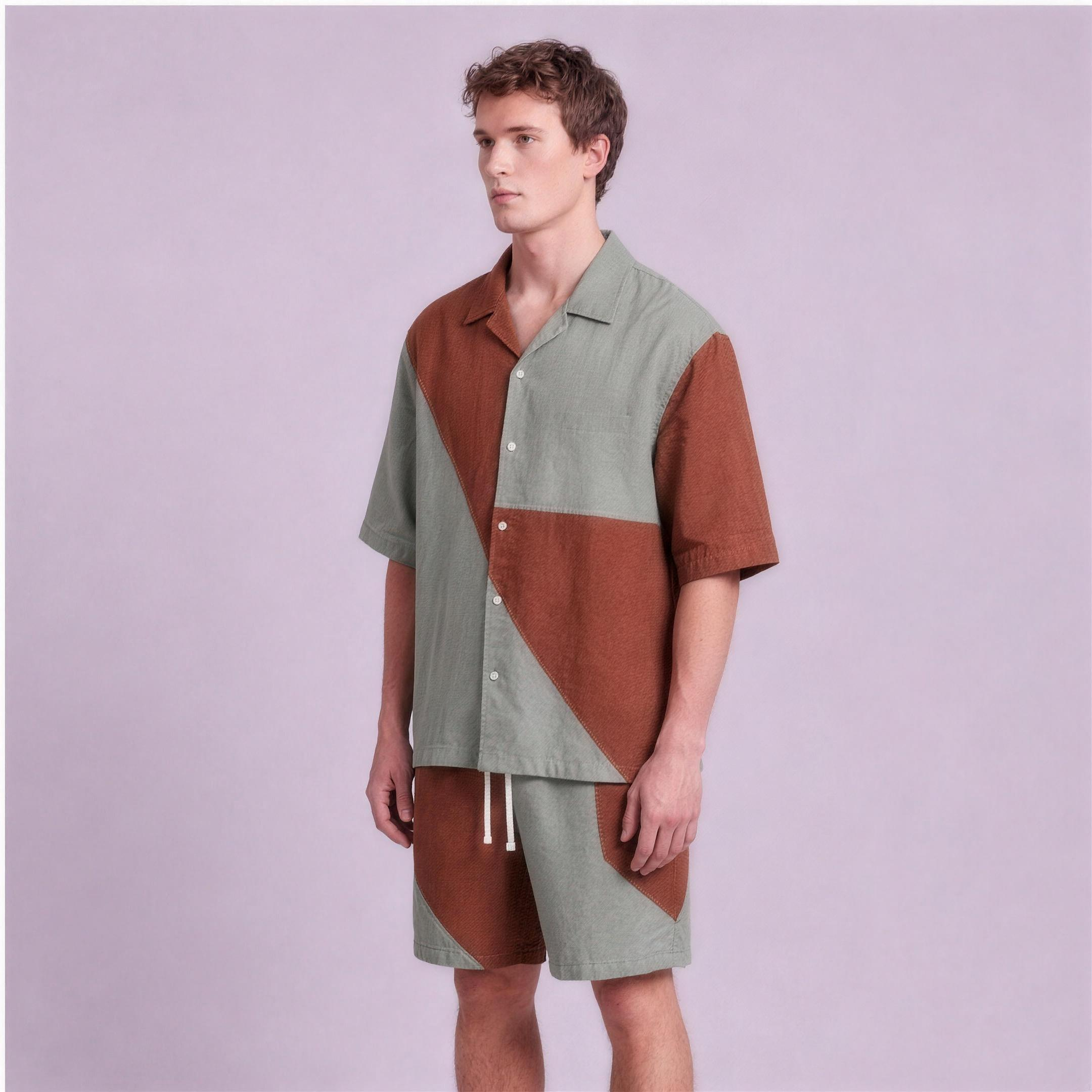Linen Two-Tone Colour-Block Camp Collar Set in Canyon, Ratń Swamini