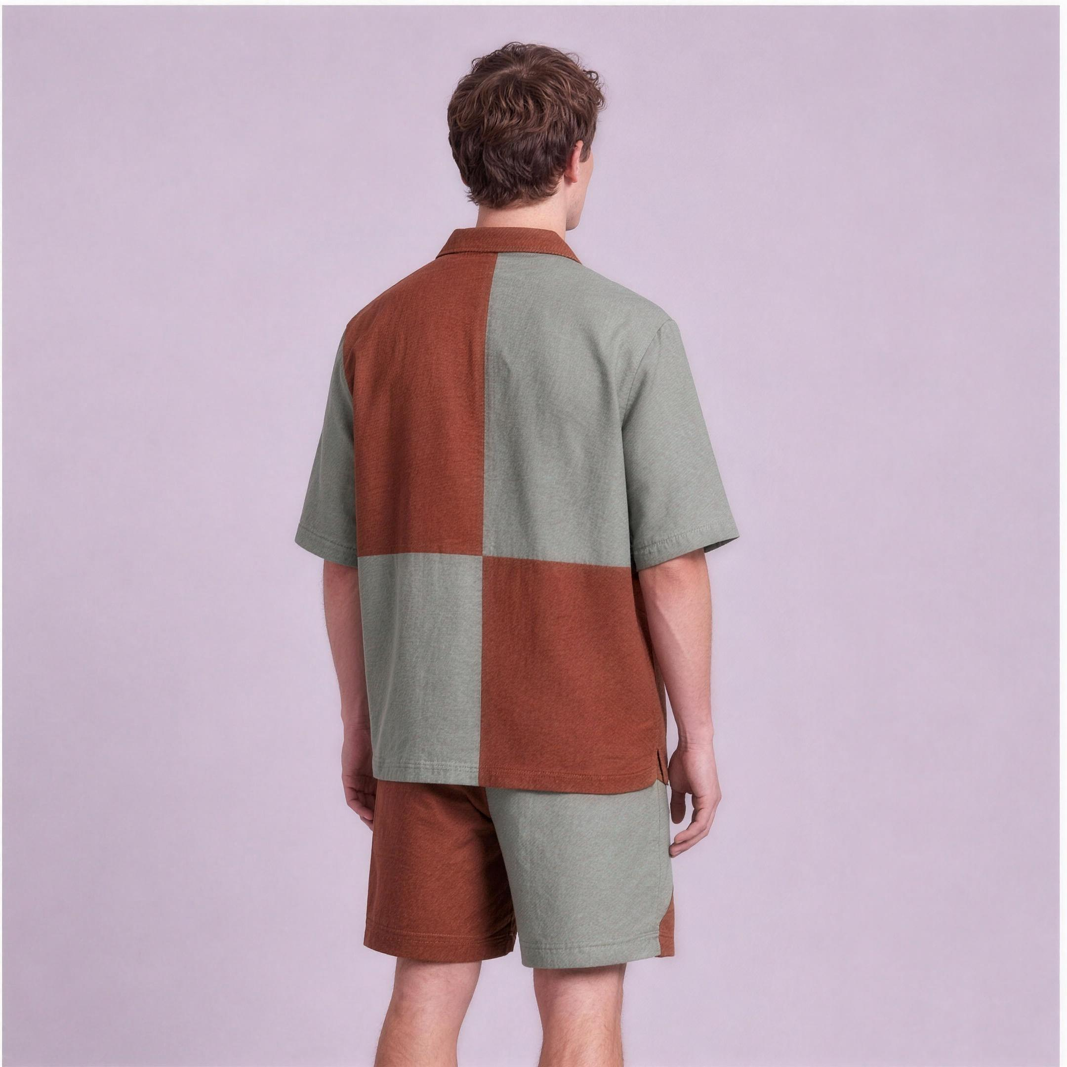 Linen Two-Tone Colour-Block Camp Collar Set in Canyon, Ratń Swamini, back view