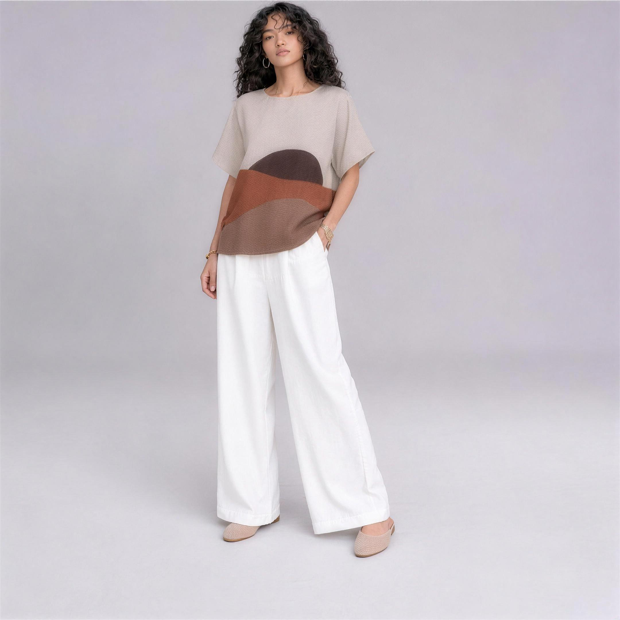 Linen Wave Colour-Block Top in Sahara, Ratń Swamini, alt front view