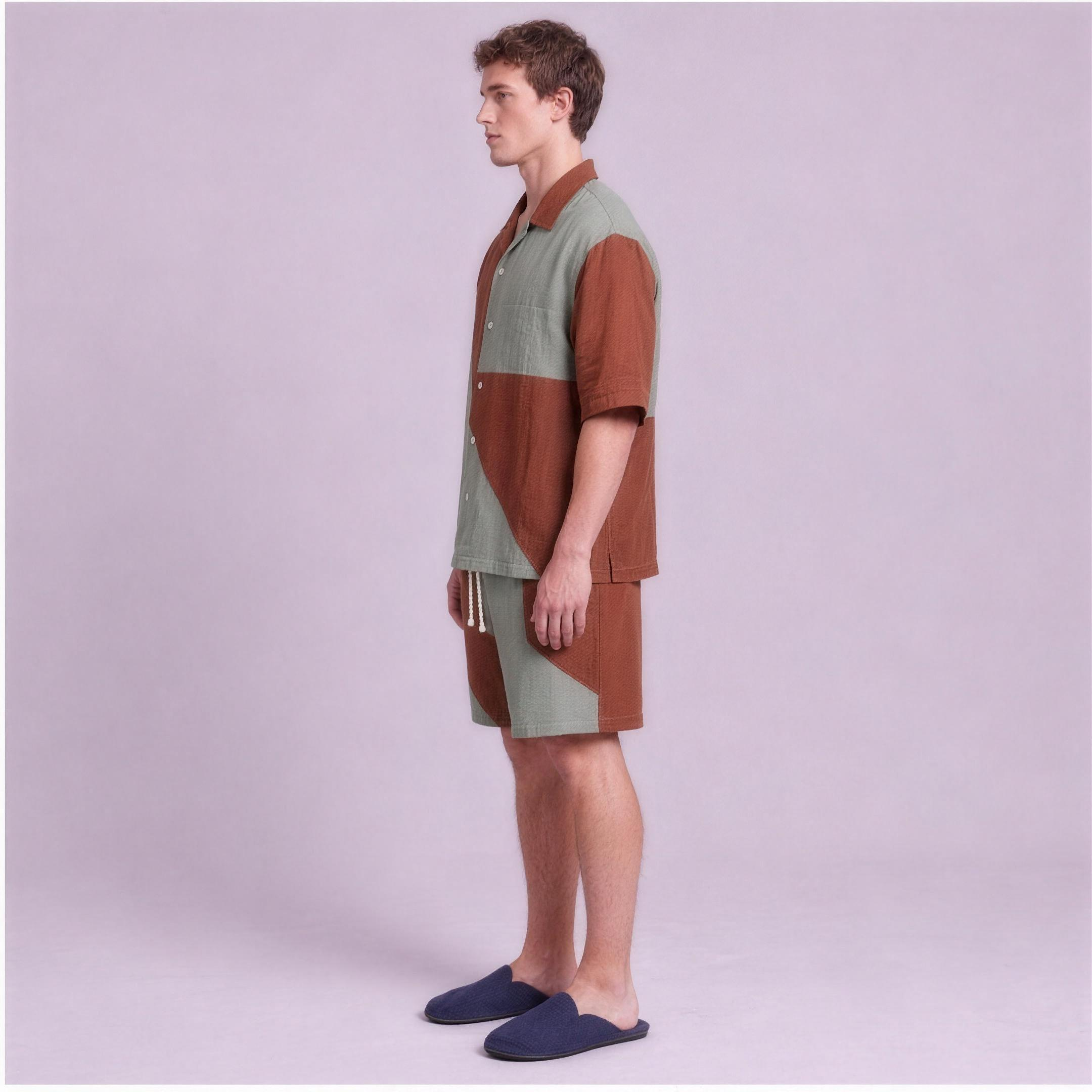 Linen Two-Tone Colour-Block Camp Collar Set in Canyon, Ratń Swamini, side view