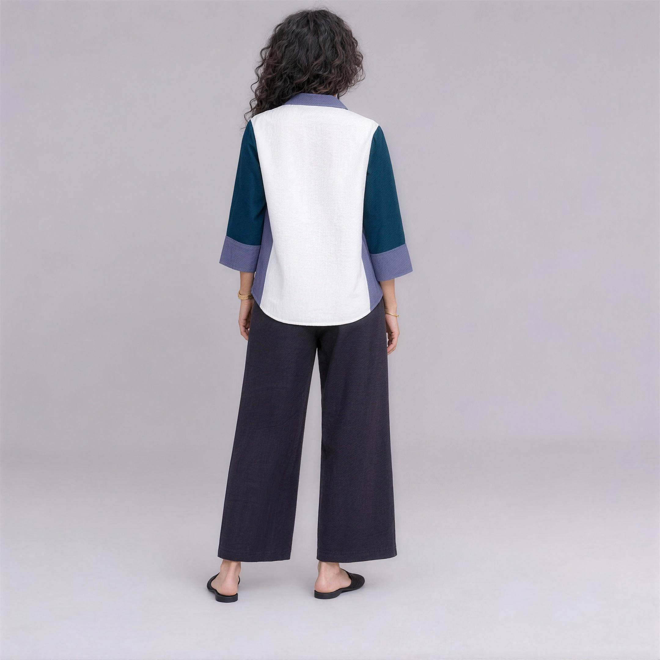 Linen Colour-Block Shirt in Cove, Ratń Swamini, back view