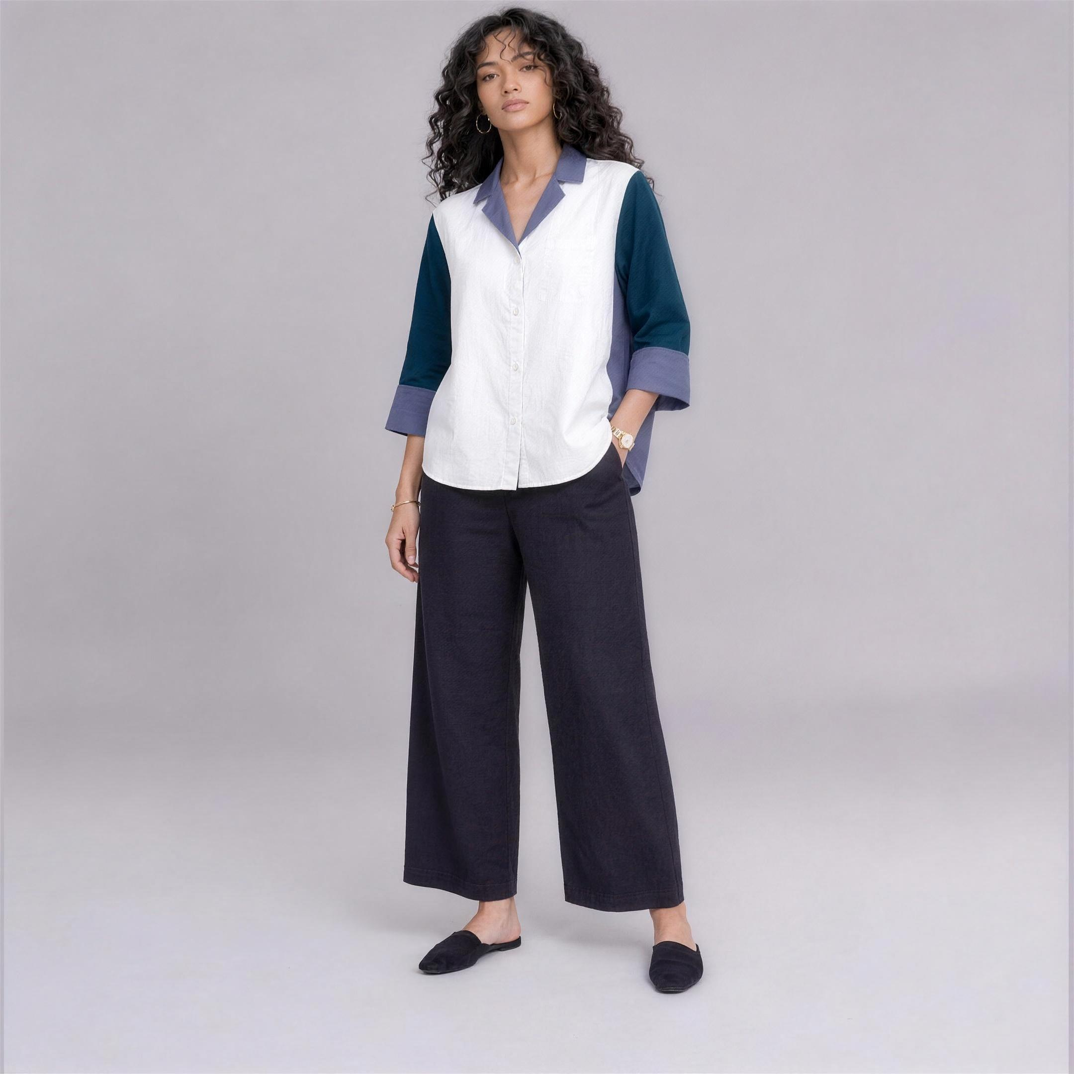 Linen Colour-Block Shirt in Cove, Ratń Swamini