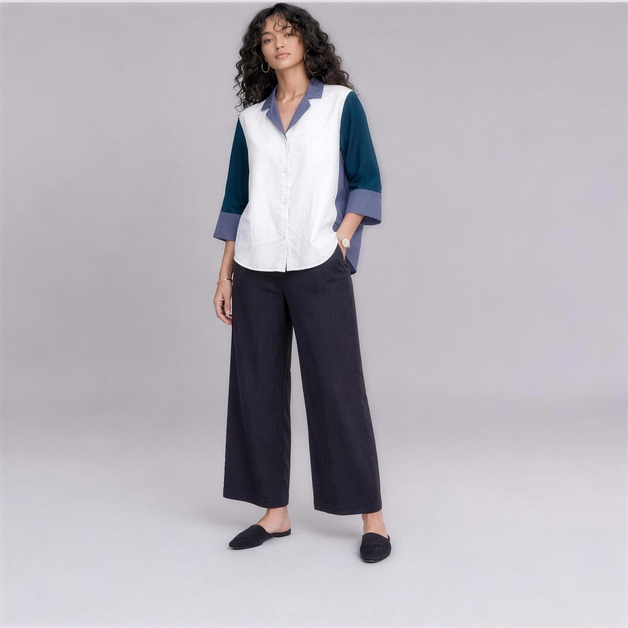Linen Colour-Block Shirt in Cove, Ratń Swamini, alt front view