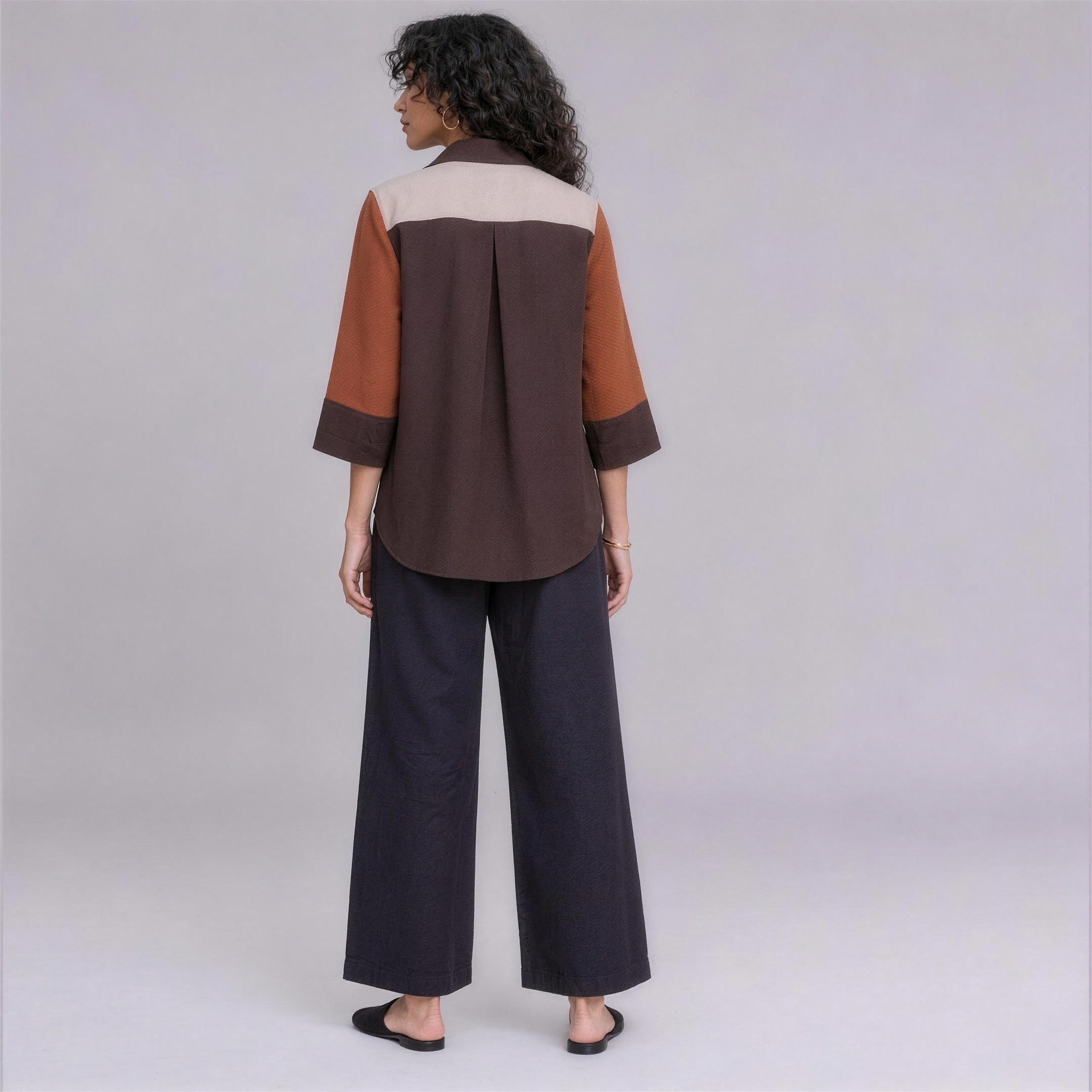 Linen Colour-Block Shirt in Spice, Ratń Swamini, back view