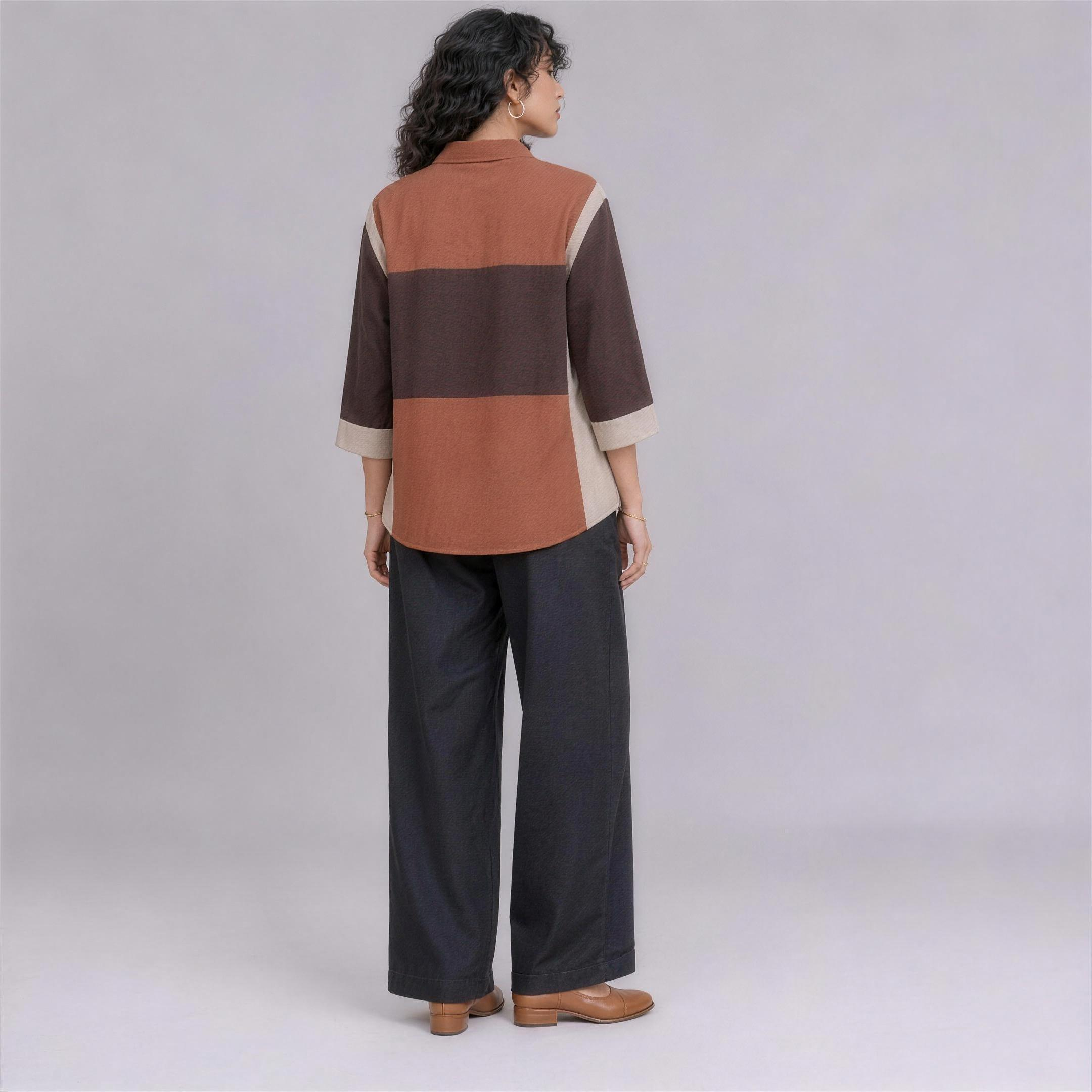 Linen Colour-Block Shirt in Sienna, Ratń Swamini, back view