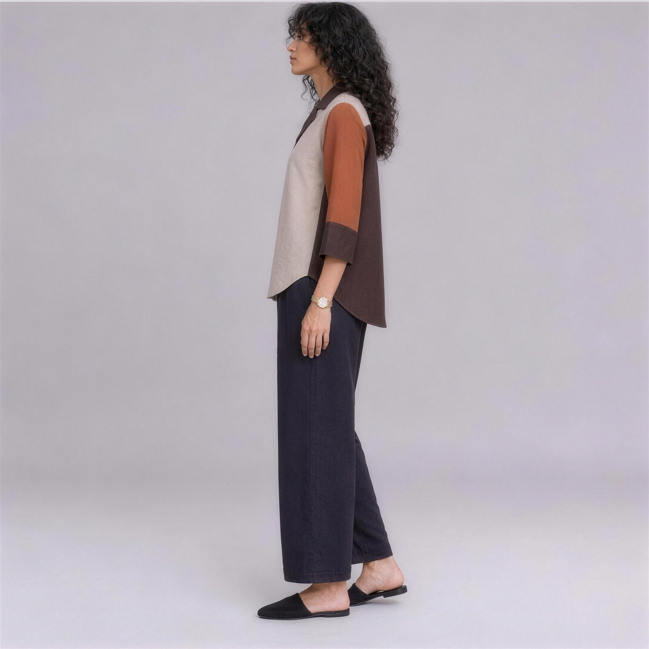 Linen Colour-Block Shirt in Spice, Ratń Swamini, side view