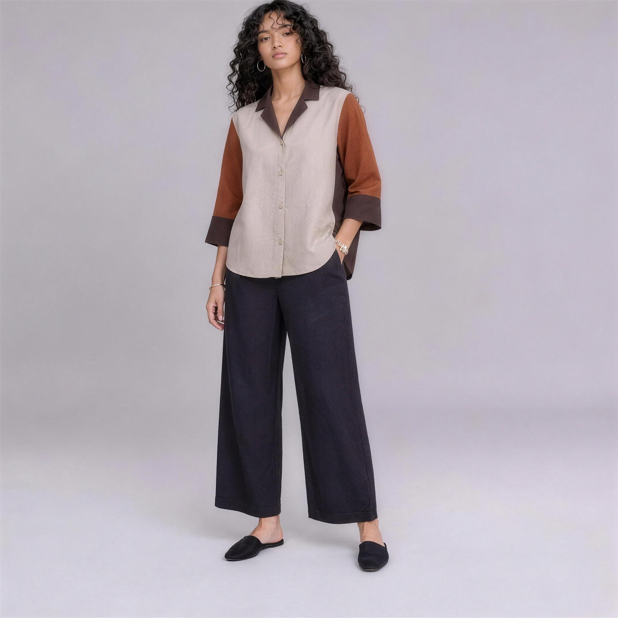 Linen Colour-Block Shirt in Spice, Ratń Swamini, alt front view