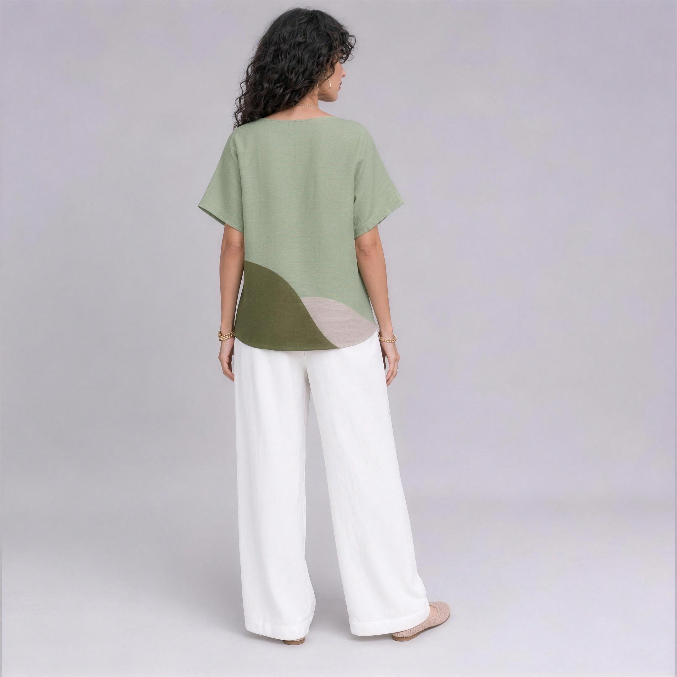 Linen Wave Colour-Block Top in Fernwood, Ratń Swamini, back view