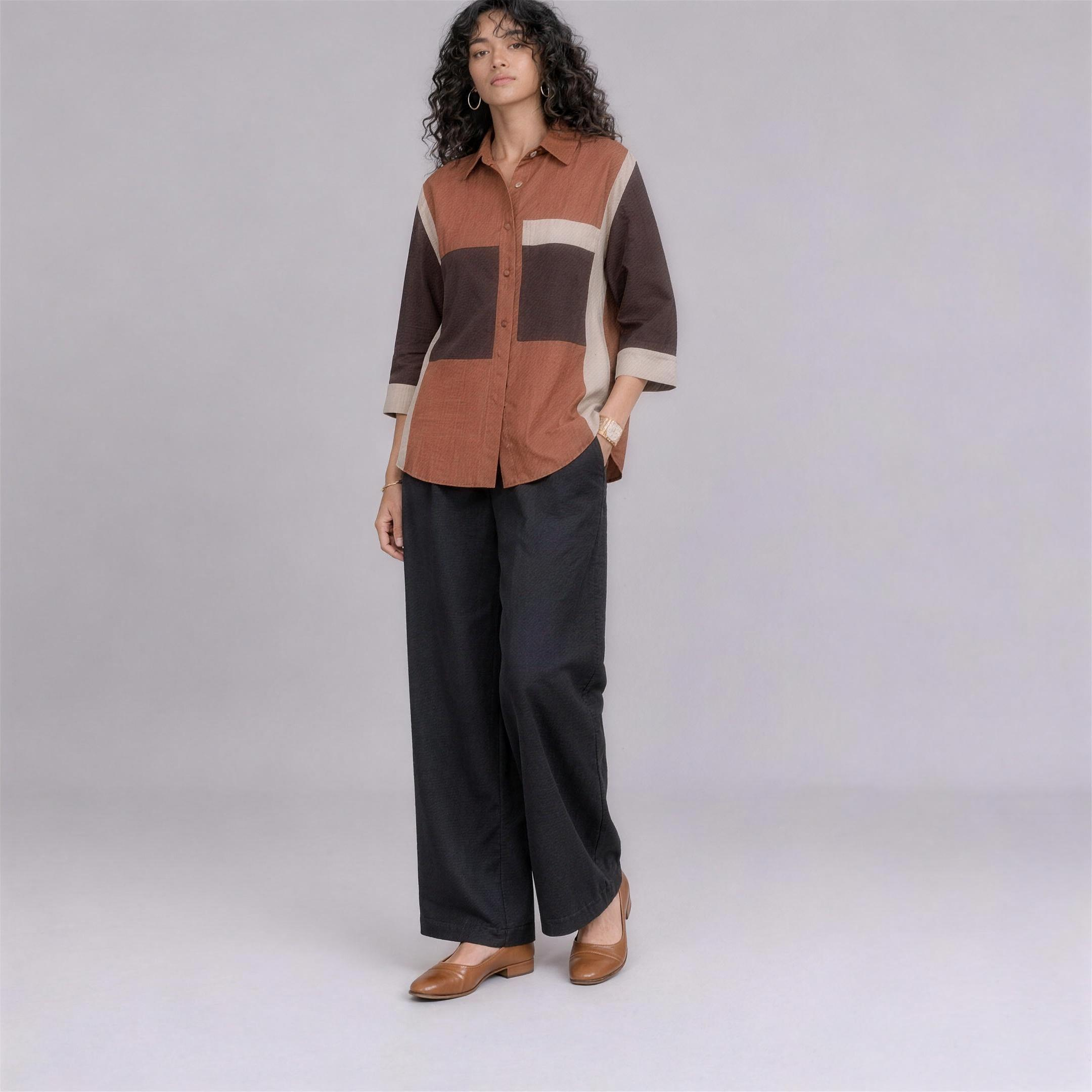 Linen Colour-Block Shirt in Sienna, Ratń Swamini, alt front view