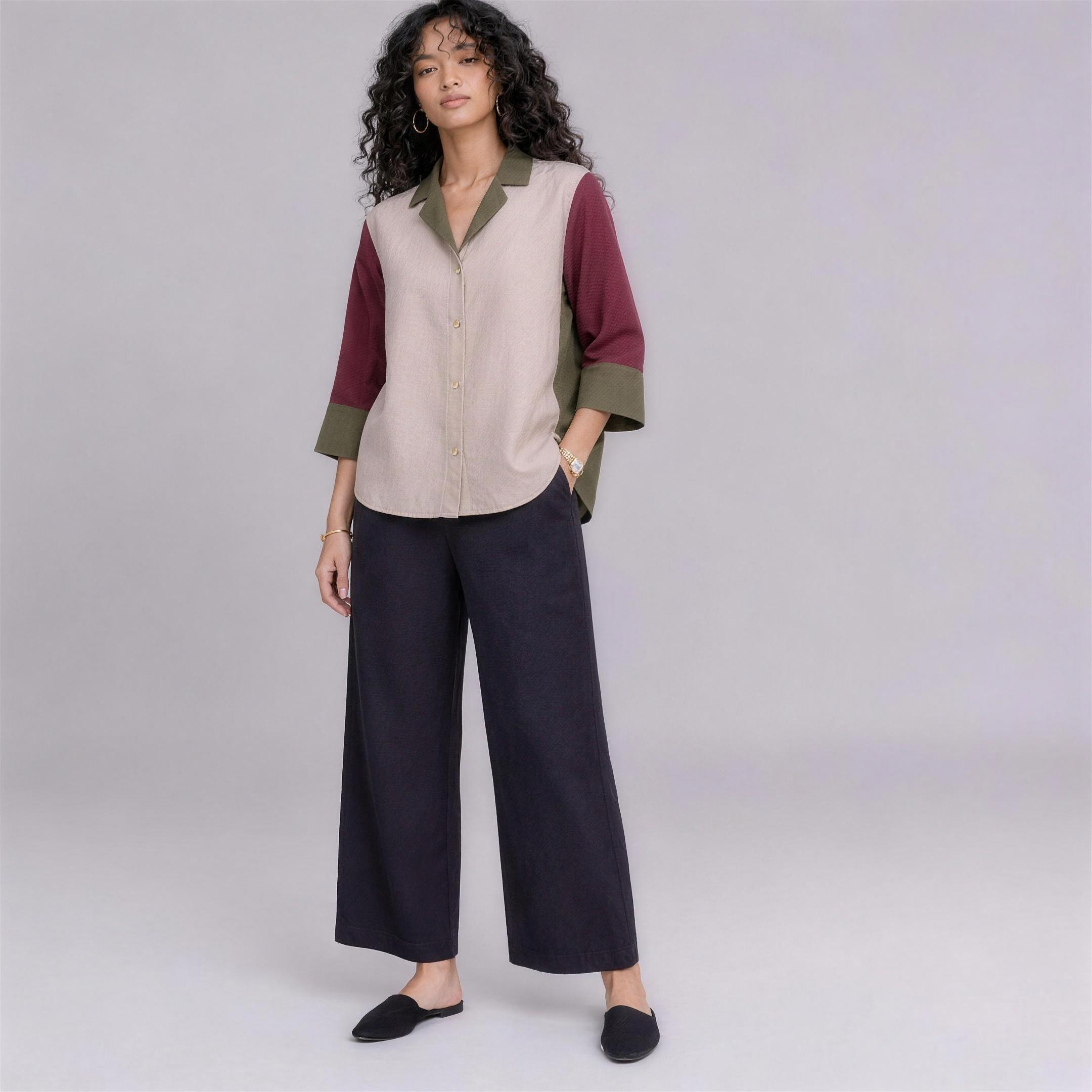 Linen Colour-Block Shirt in Vineyard, Ratń Swamini, alt front view