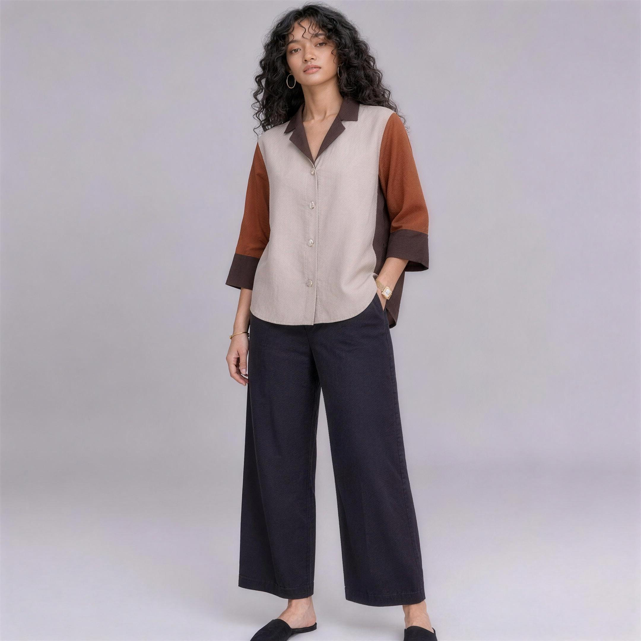 Linen Colour-Block Shirt in Spice, Ratń Swamini