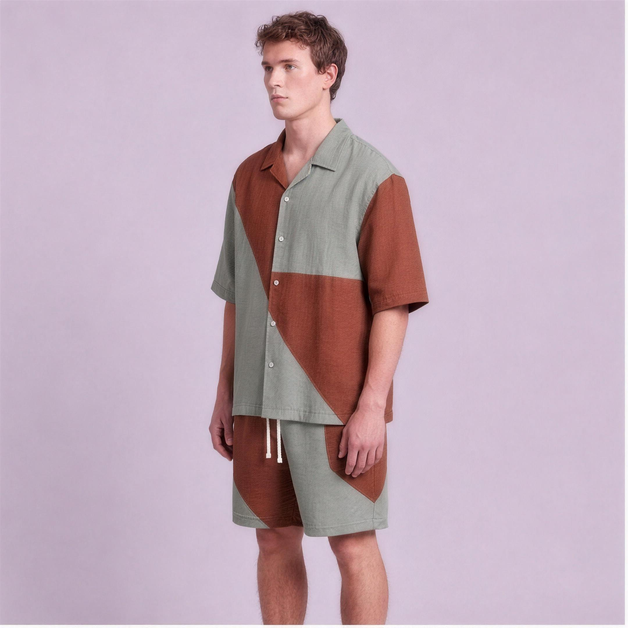 Linen Two-Tone Colour-Block Camp Collar Set in Canyon, Ratń Swamini, alt front view