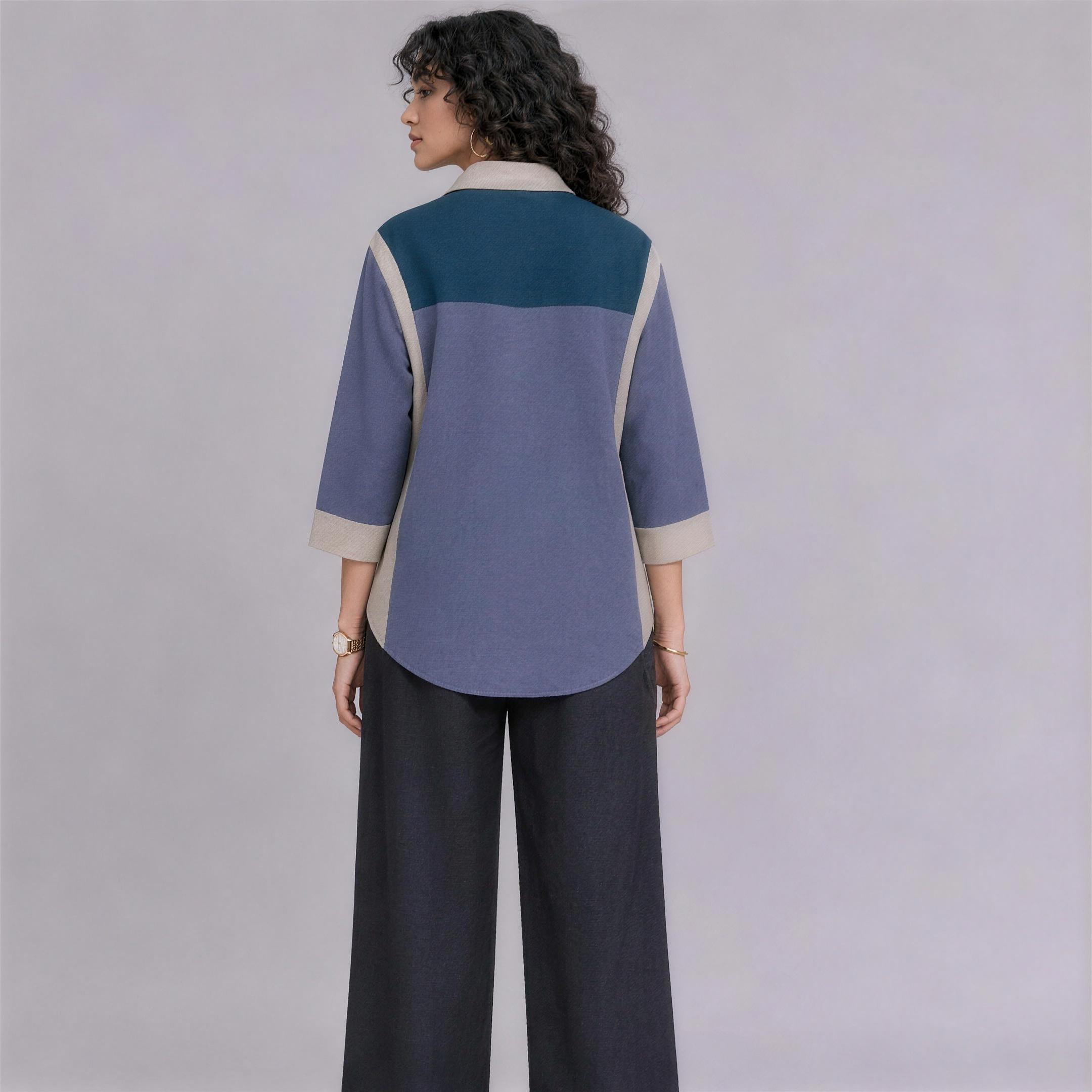 Linen Colour-Block Shirt in Harbor, Ratń Swamini, back view