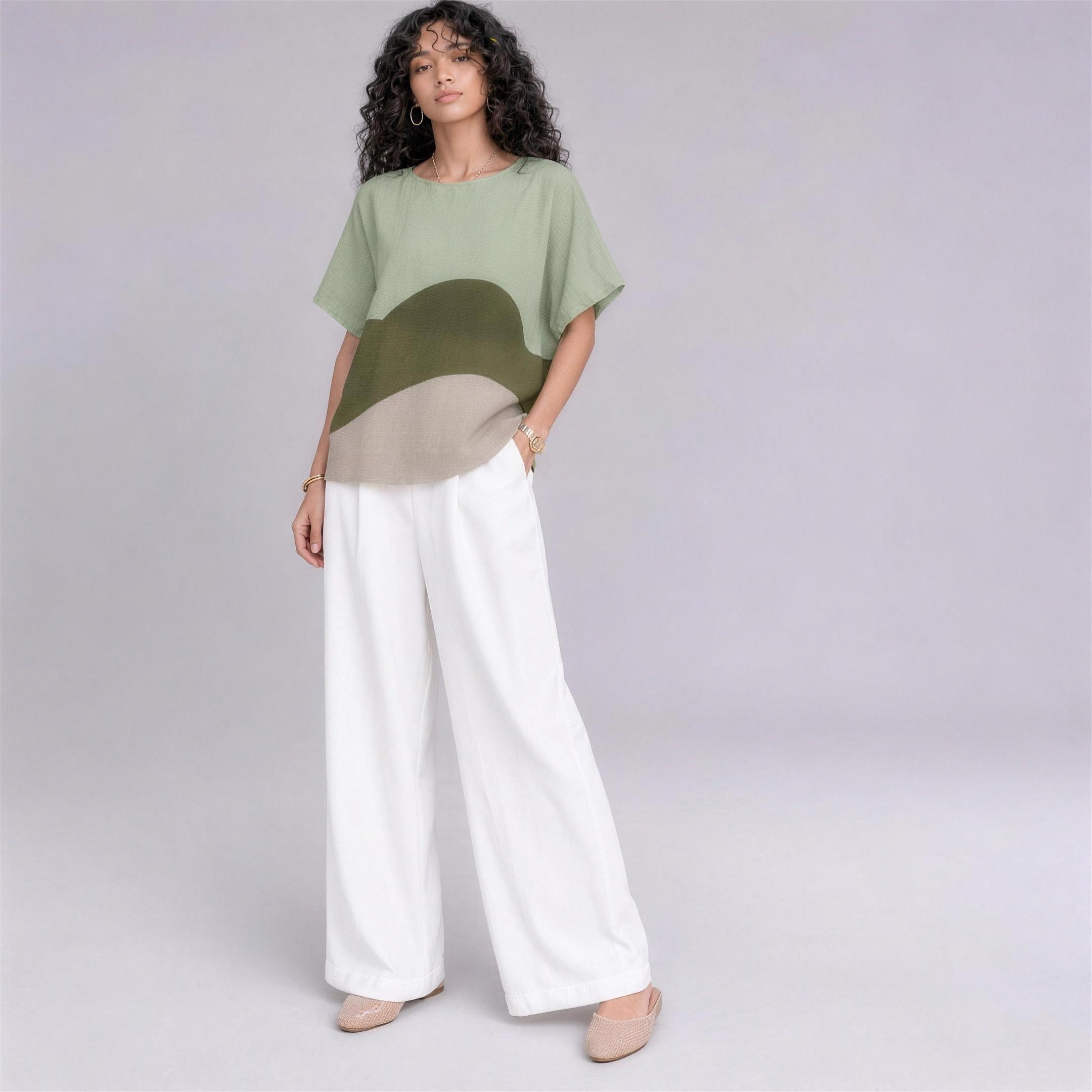 Linen Wave Colour-Block Top in Fernwood, Ratń Swamini, alt front view