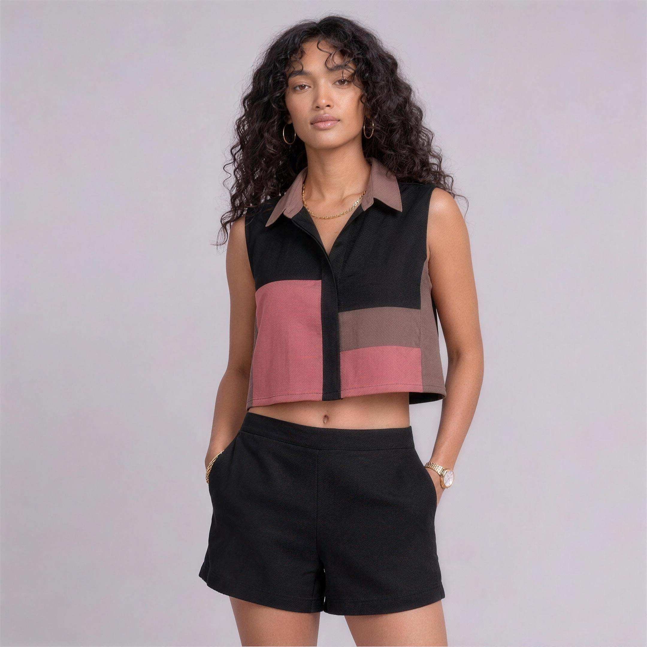 Linen Colour-Block Cropped Top & Shorts Co-ord Set in Noir, Ratń Swamini