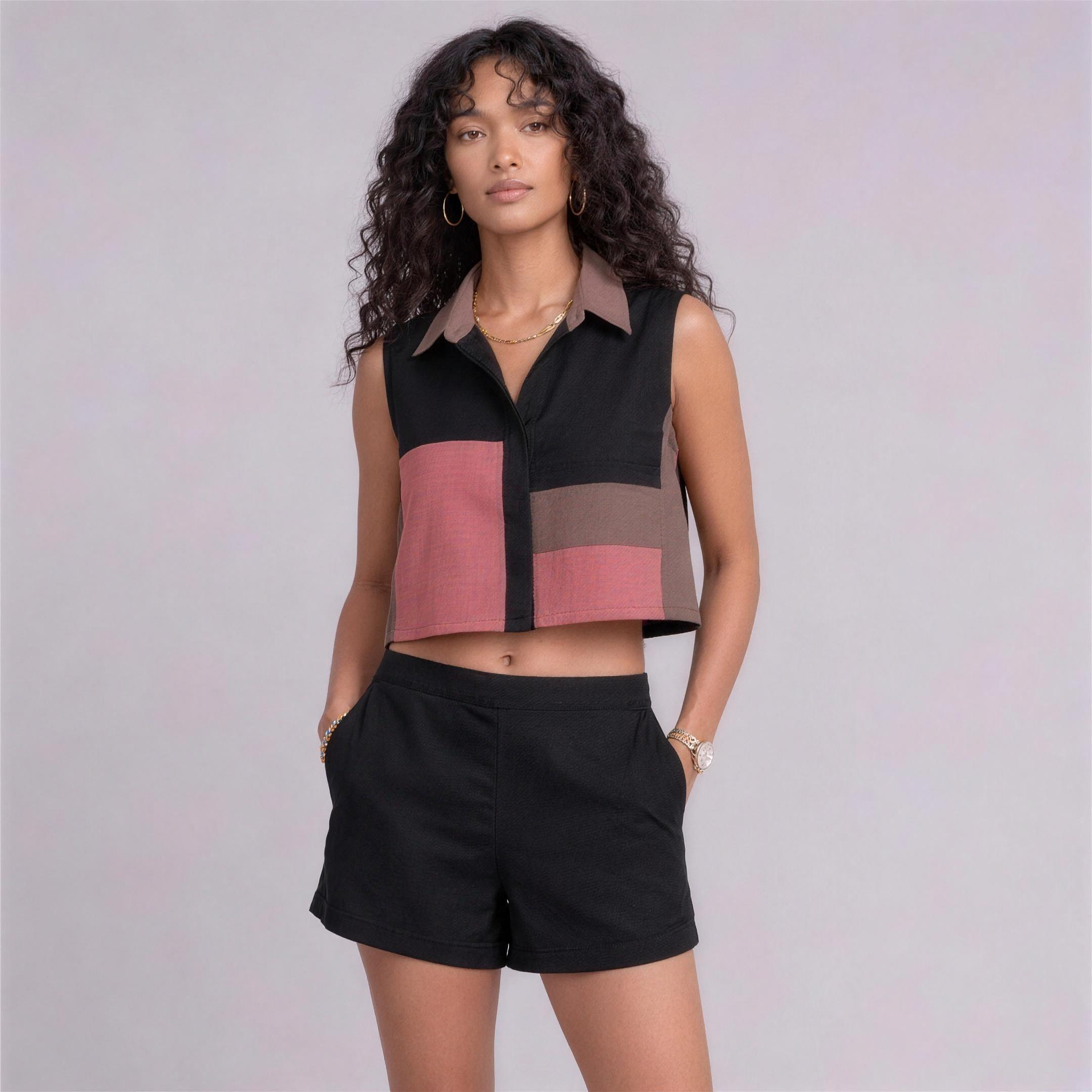 Linen Colour-Block Cropped Top & Shorts Co-ord Set in Noir, Ratń Swamini, alt front view