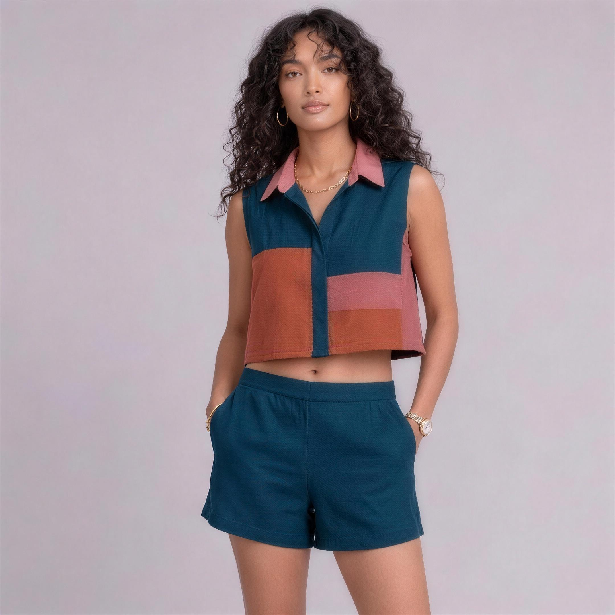 Linen Colour-Block Cropped Top & Shorts Co-ord Set in Reef, Ratń Swamini