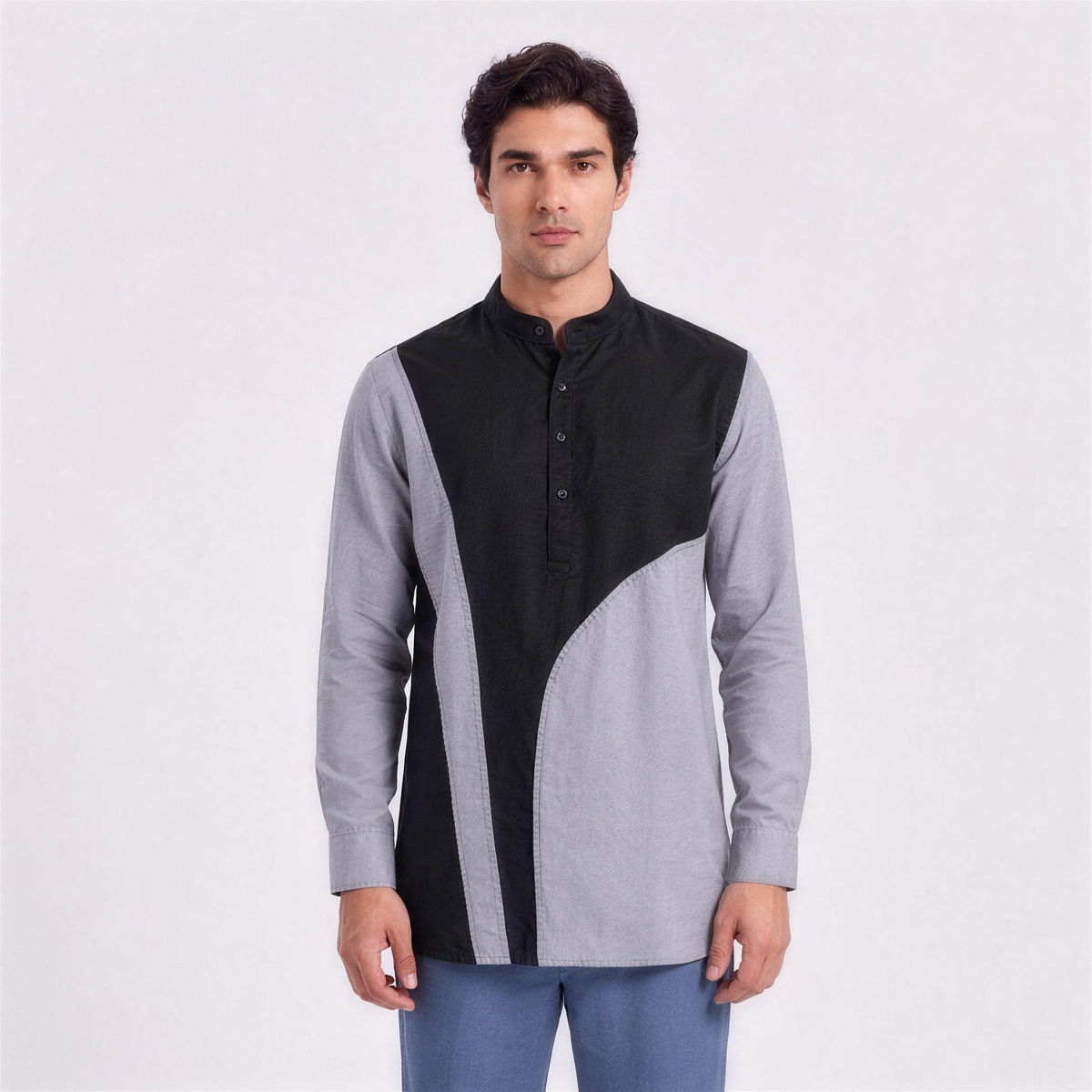 Linen Colour-Block Kurta Shirt in Storm, Ratń Swamini