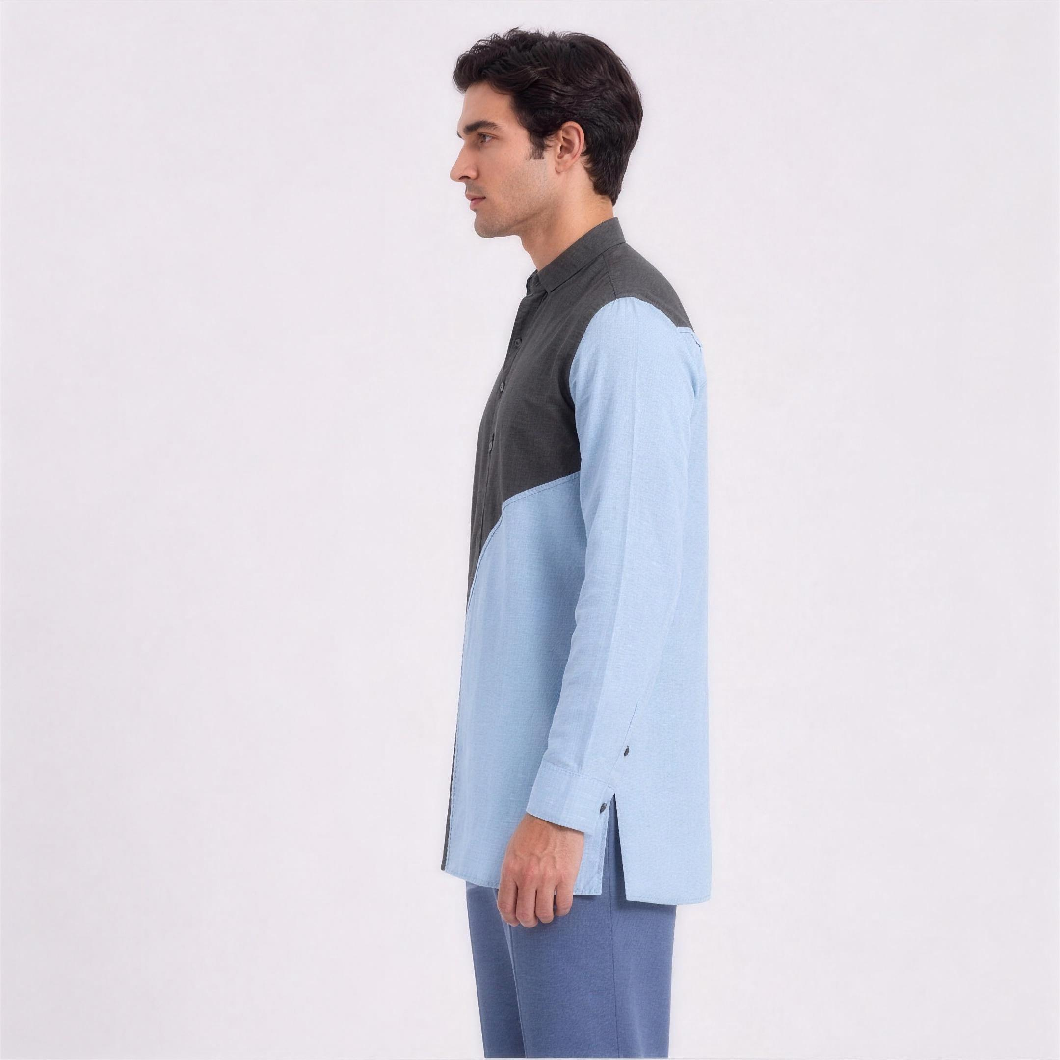 Linen Colour-Block Kurta Shirt in Slate Sky, Ratń Swamini, side view