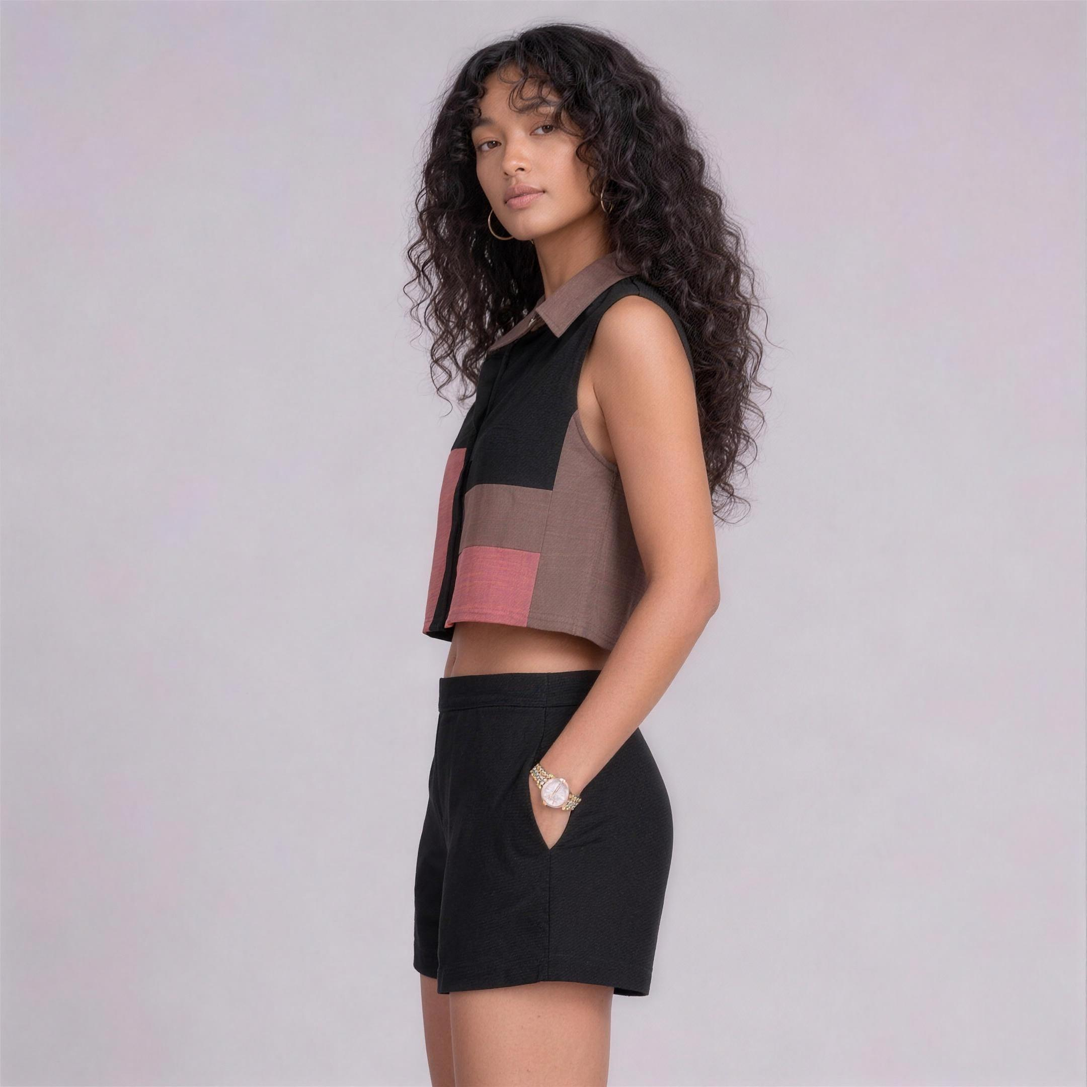 Linen Colour-Block Cropped Top & Shorts Co-ord Set in Noir, Ratń Swamini, side view