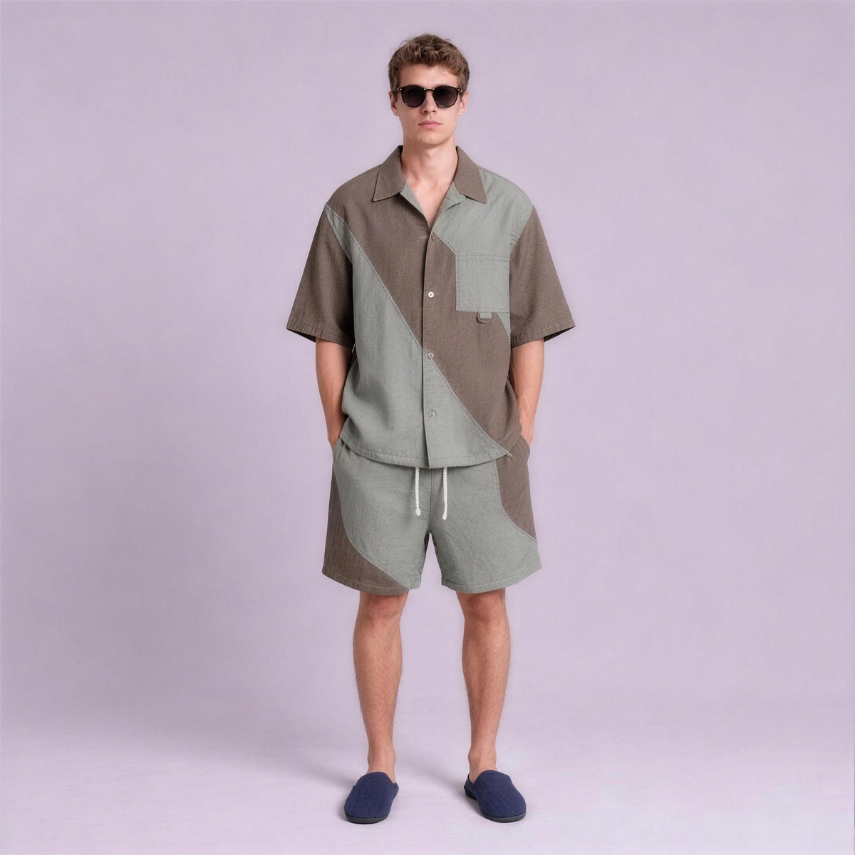Linen Colour-Block Camp Collar Set in Driftwood, Ratń Swamini