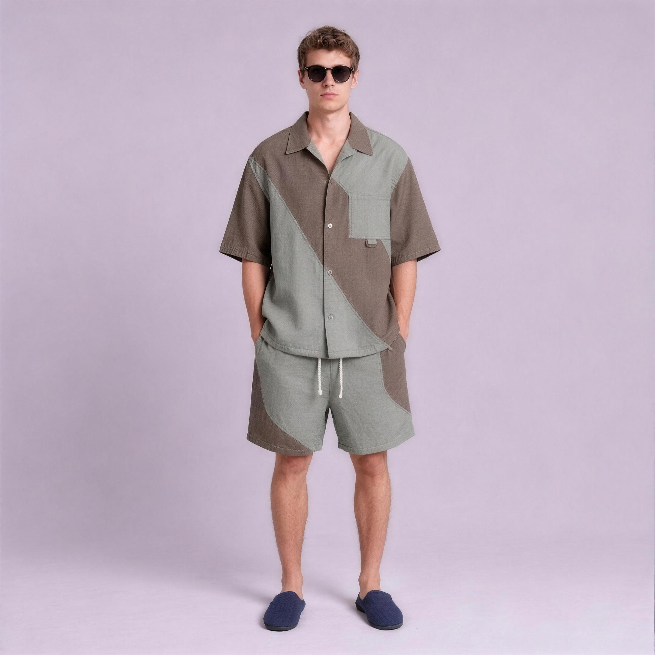 Linen Colour-Block Camp Collar Set in Driftwood, Ratń Swamini
