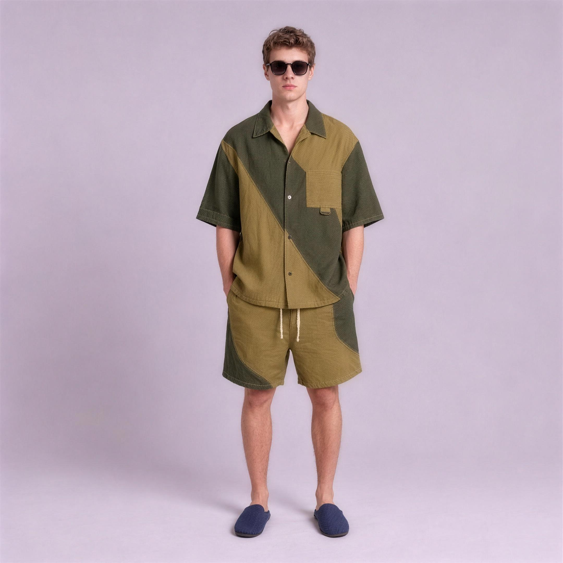 Linen Colour-Block Camp Collar Set in Thicket, Ratń Swamini