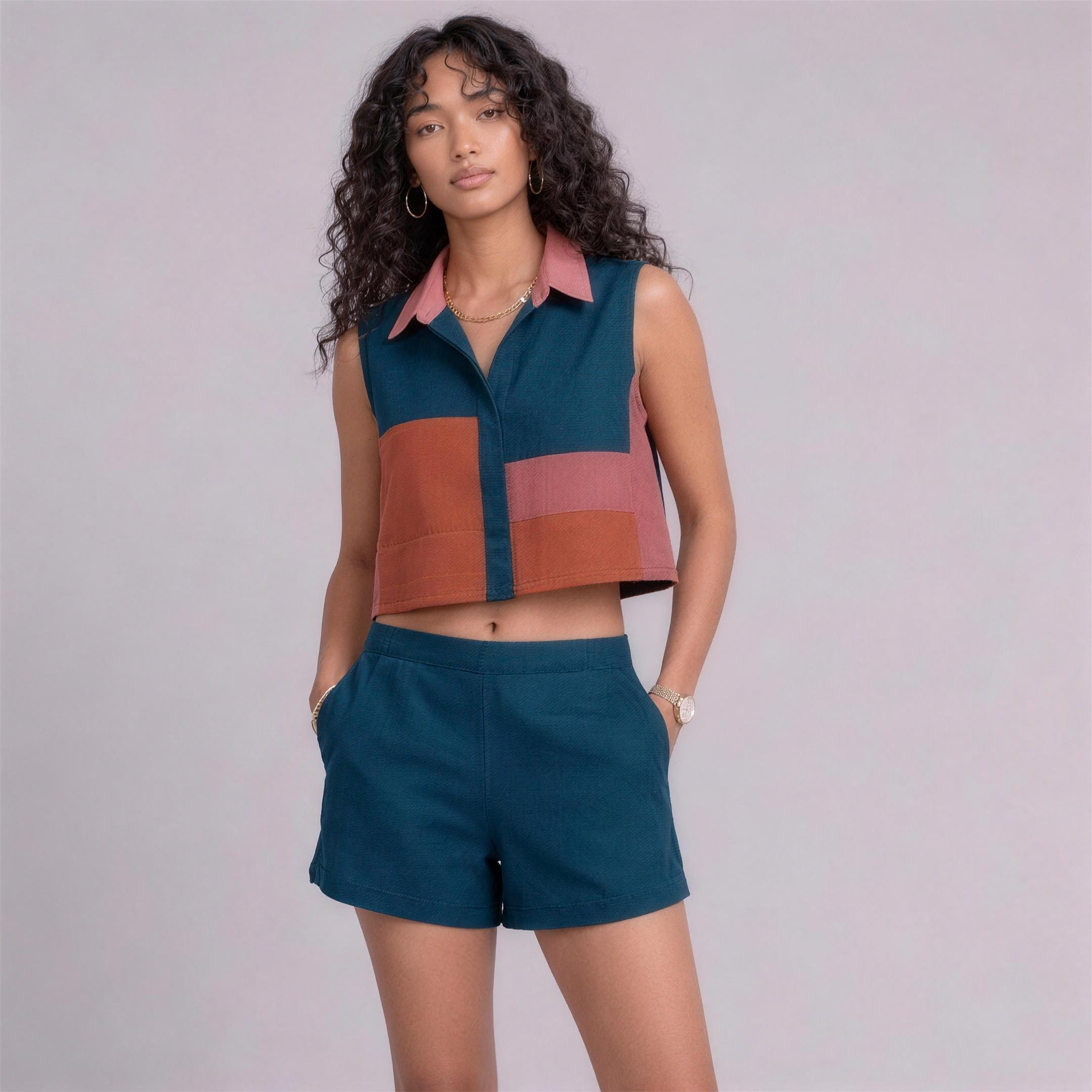 Linen Colour-Block Cropped Top & Shorts Co-ord Set in Reef, Ratń Swamini, alt front view