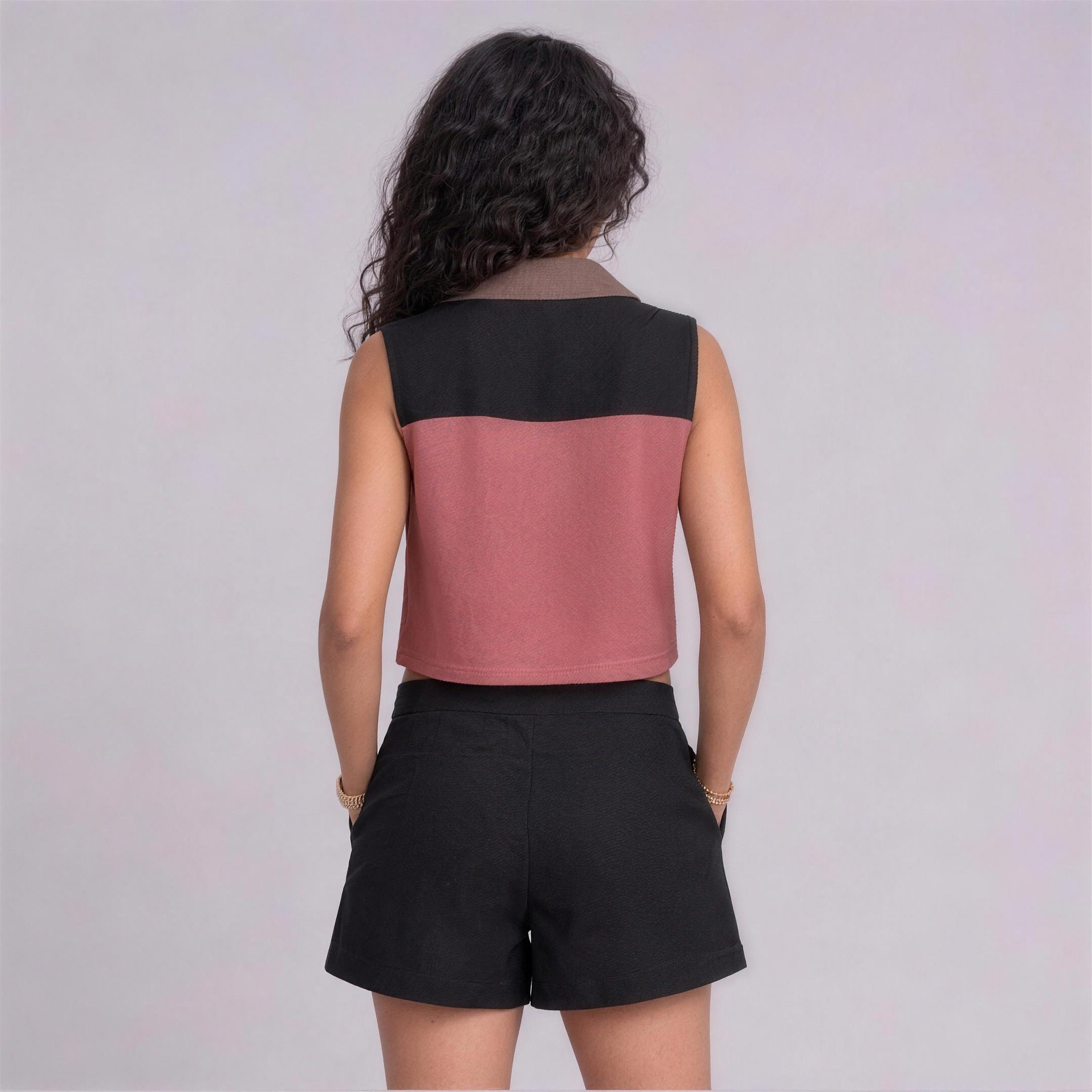 Linen Colour-Block Cropped Top & Shorts Co-ord Set in Noir, Ratń Swamini, back view