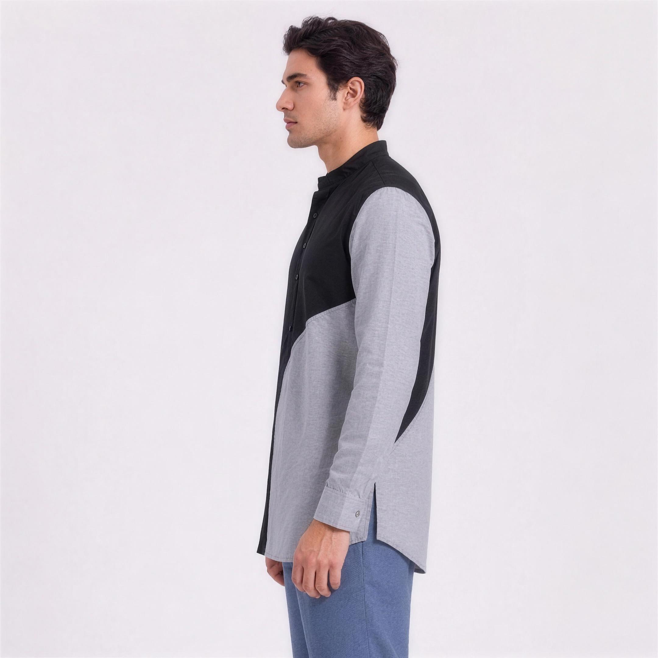 Linen Colour-Block Kurta Shirt in Storm, Ratń Swamini, side view