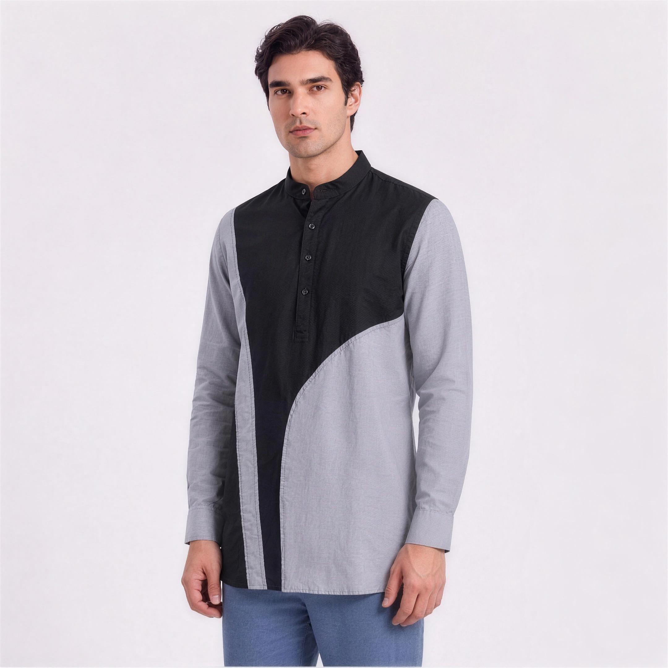 Linen Colour-Block Kurta Shirt in Storm, Ratń Swamini, alt front view
