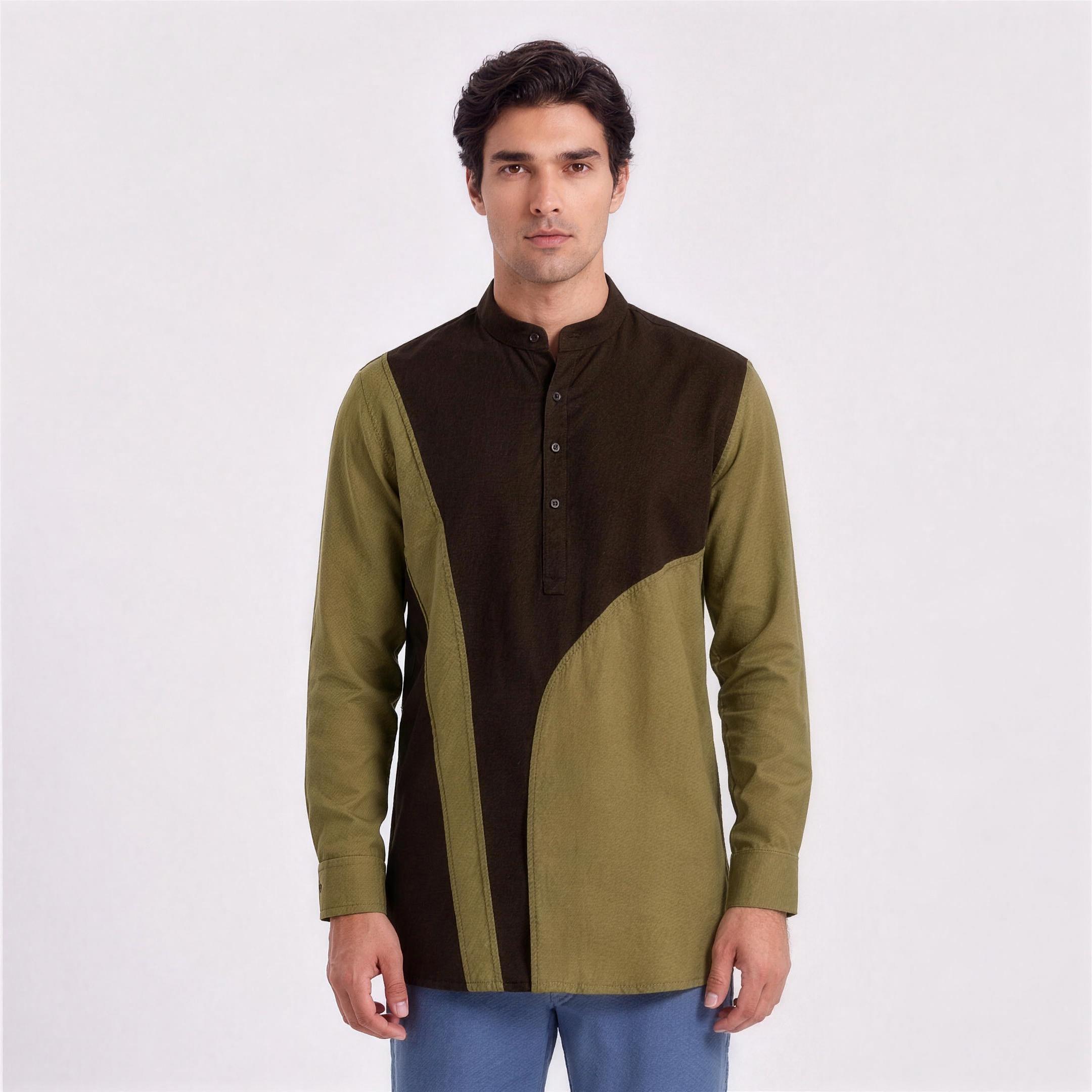 Linen Colour-Block Kurta Shirt in Woodland, Ratń Swamini