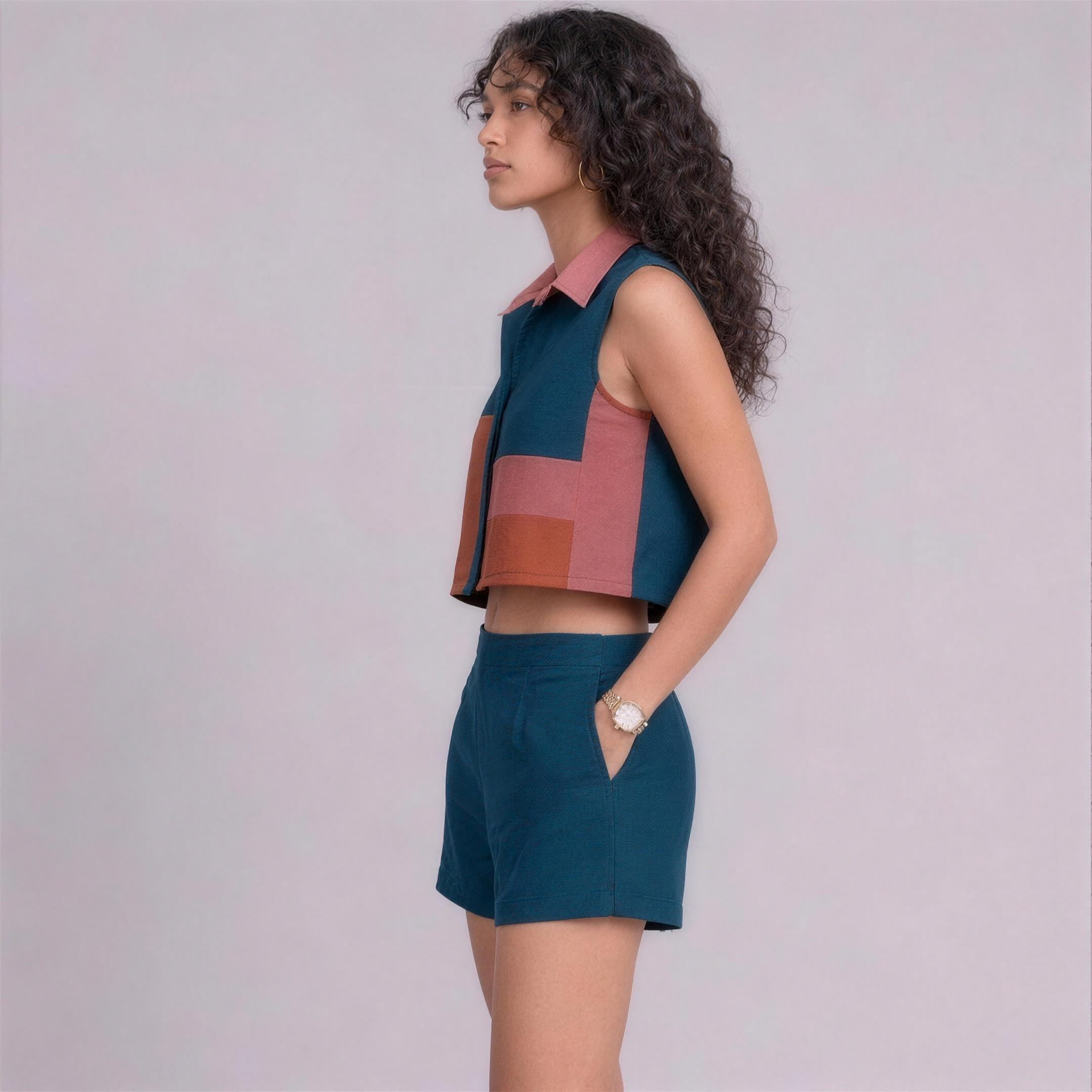 Linen Colour-Block Cropped Top & Shorts Co-ord Set in Reef, Ratń Swamini, side view