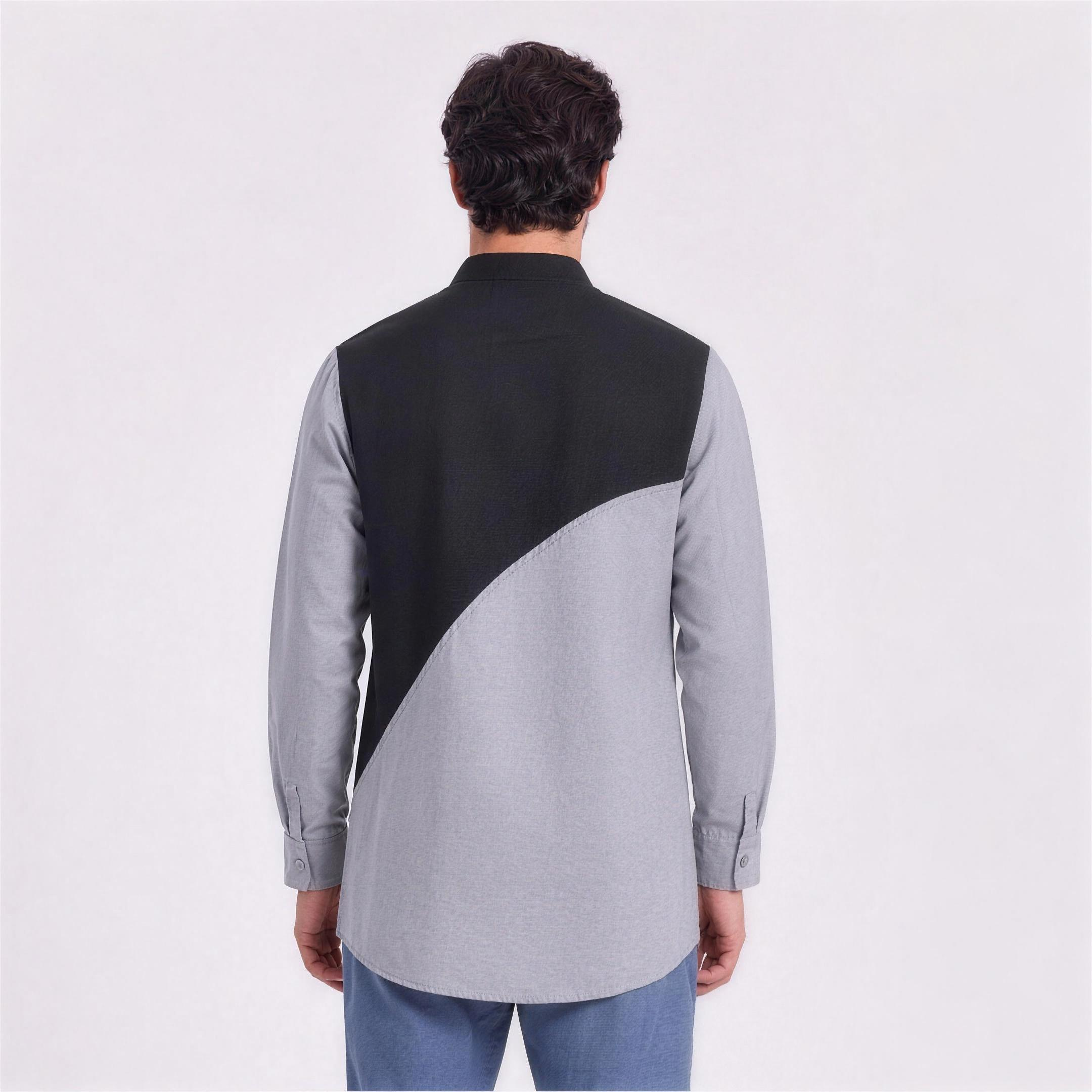 Linen Colour-Block Kurta Shirt in Storm, Ratń Swamini, back view