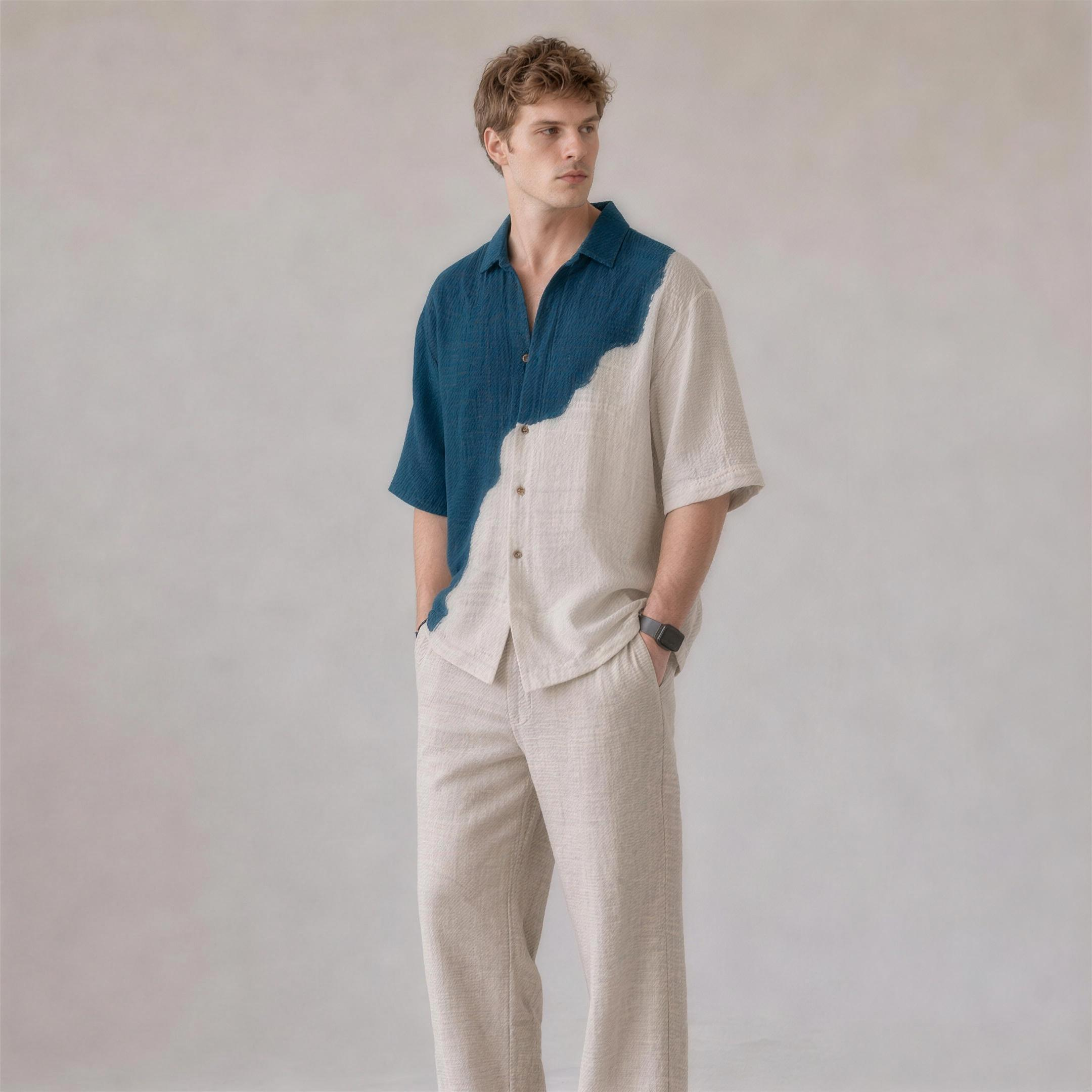 Linen Colorblock Shirt in Horizon, Ratń Swamini