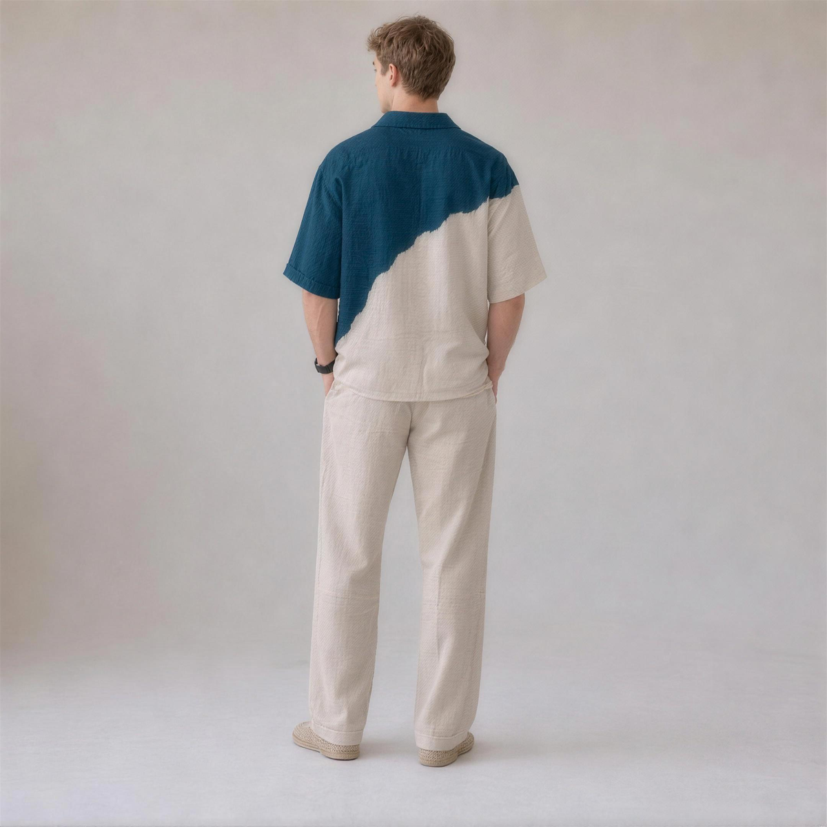 Linen Colorblock Shirt in Horizon, Ratń Swamini, back view