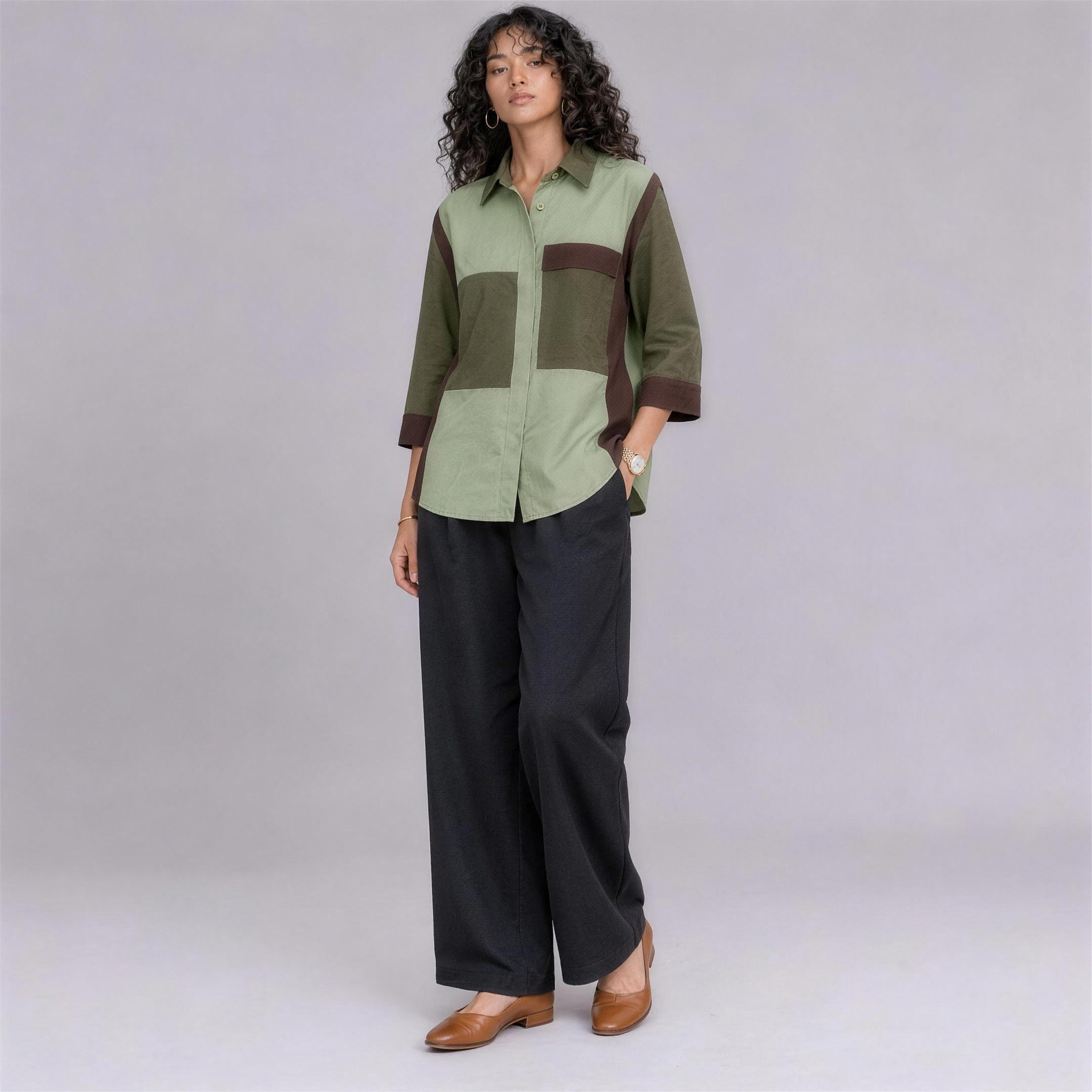 Linen Colour-Block Shirt in Highland, Ratń Swamini