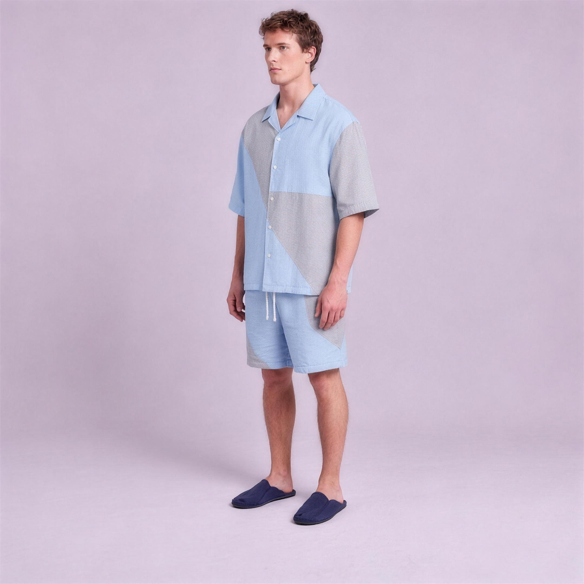Linen Two-Tone Colour-Block Camp Collar Set in Skyline, Ratń Swamini